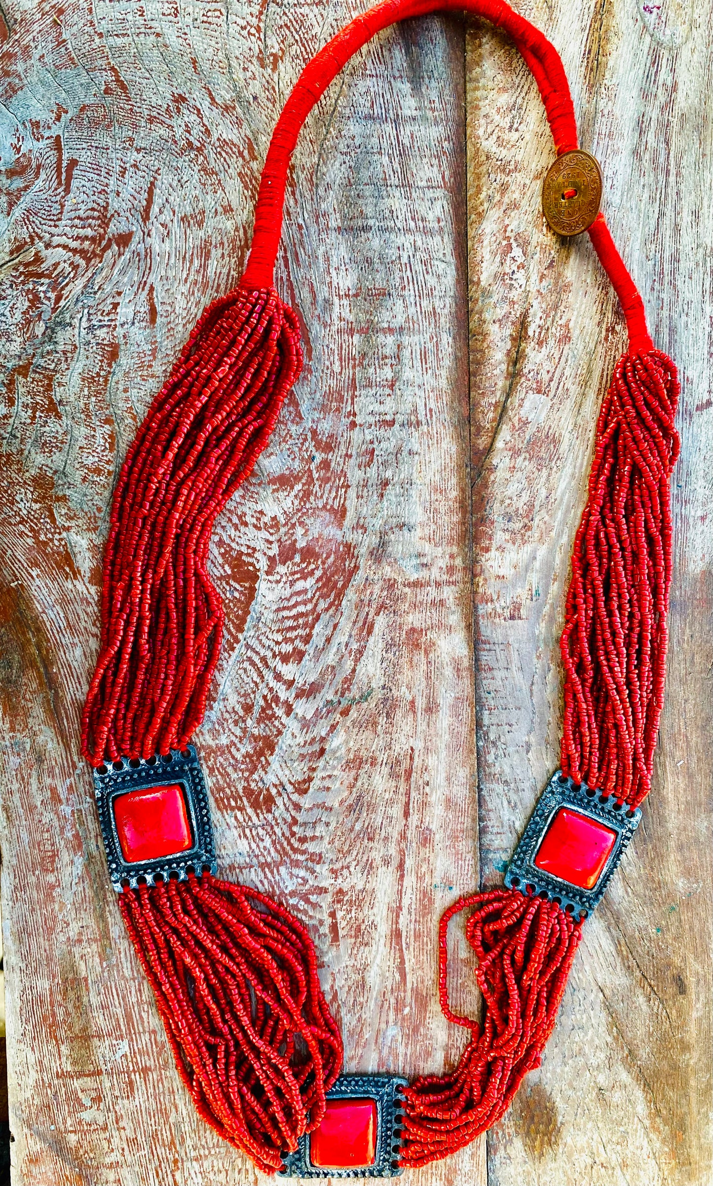 Red Beaded Statement Necklace with Square Accents