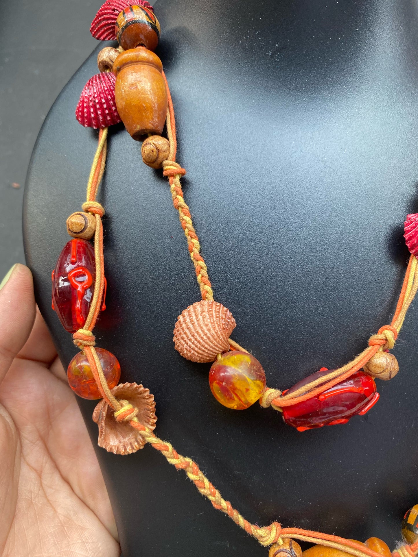 Boho Chic Handmade Bead & Shell Necklace – Red & Earthy Tones