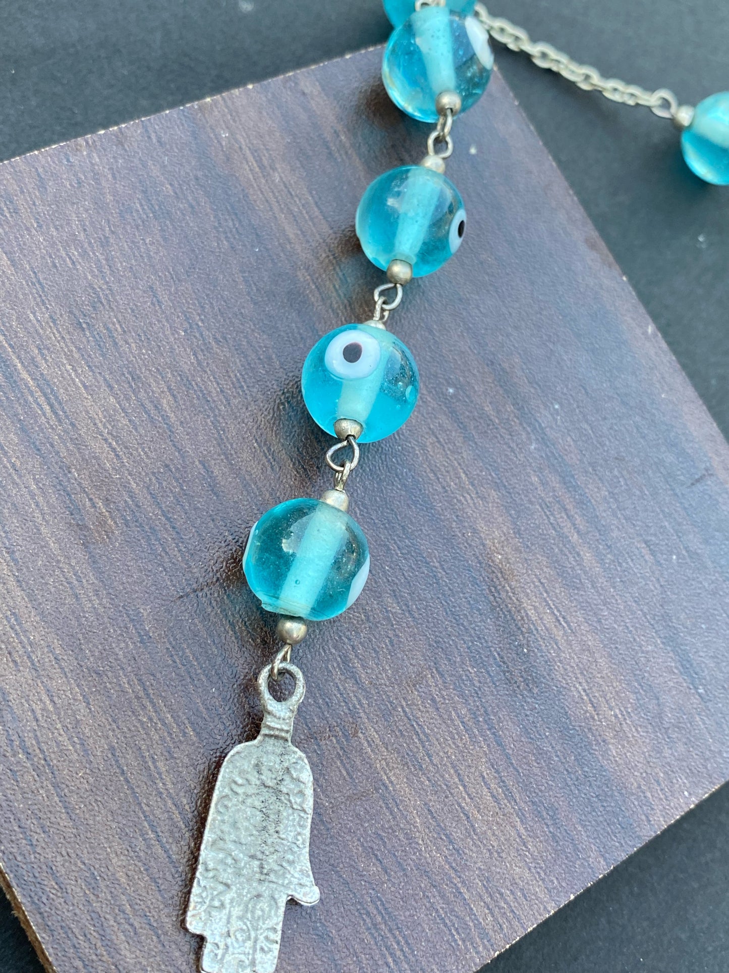 Blue Evil Eye Bead Y-Necklace with Hamsa Pendant
