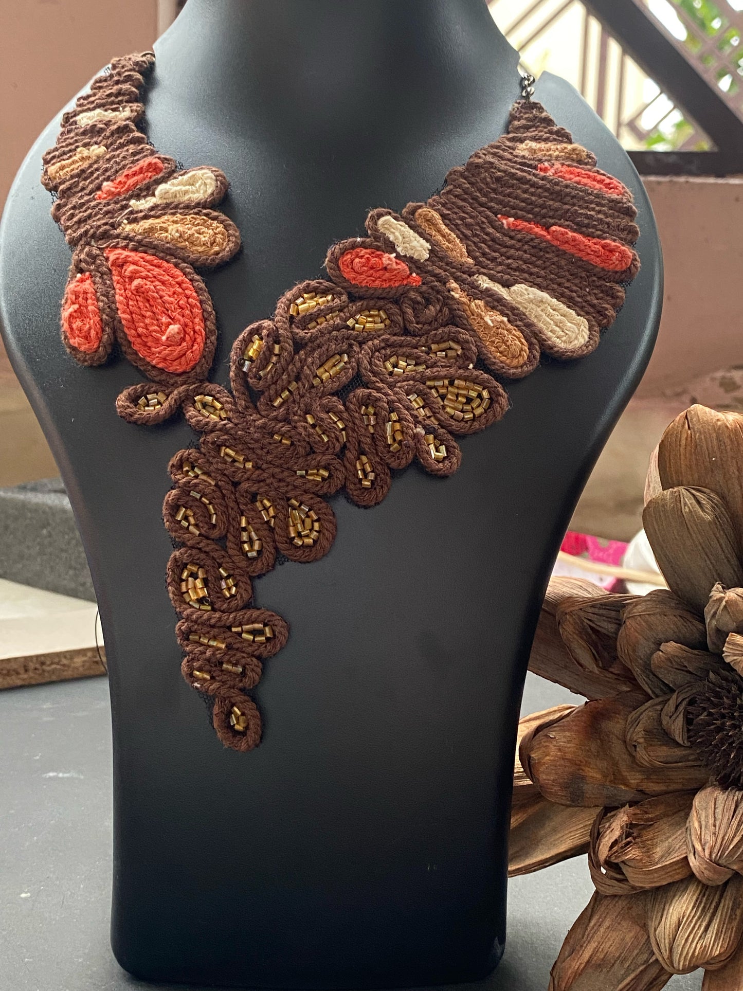 Handcrafted Macrame Statement Necklace – Earthy Brown & Red