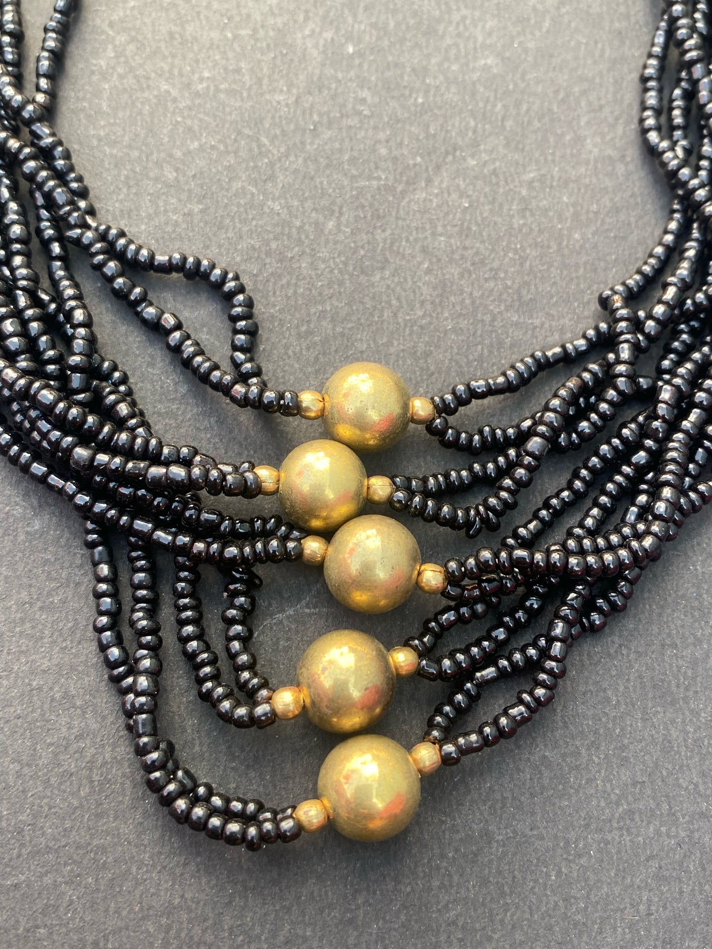 Black Multi-Strand Beaded Necklace with Antique Gold Accents