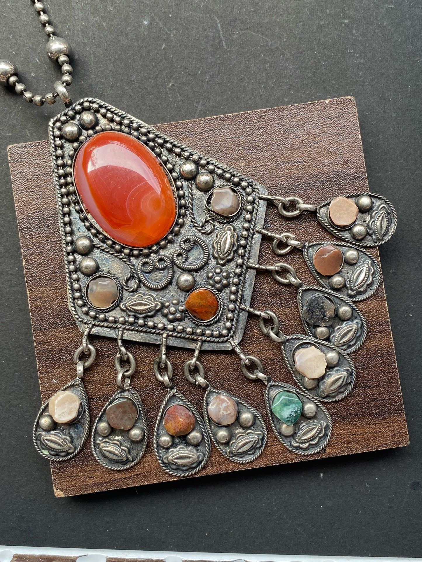 Tribal Antique Silver Necklace with Carnelian Stone and Dangling Charms