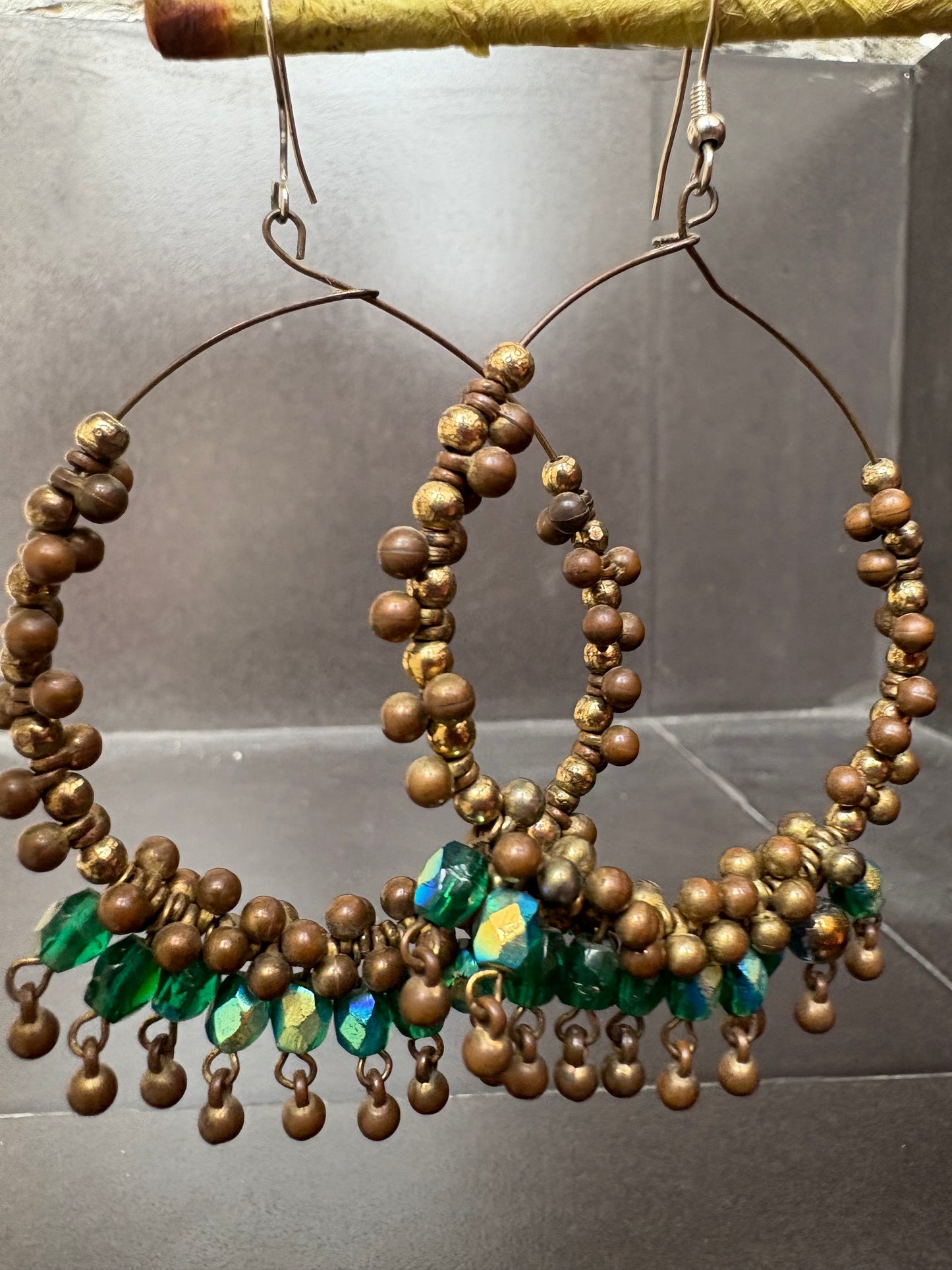 Bohemian Beaded Hoop Earrings – Antique Bronze & Emerald Green