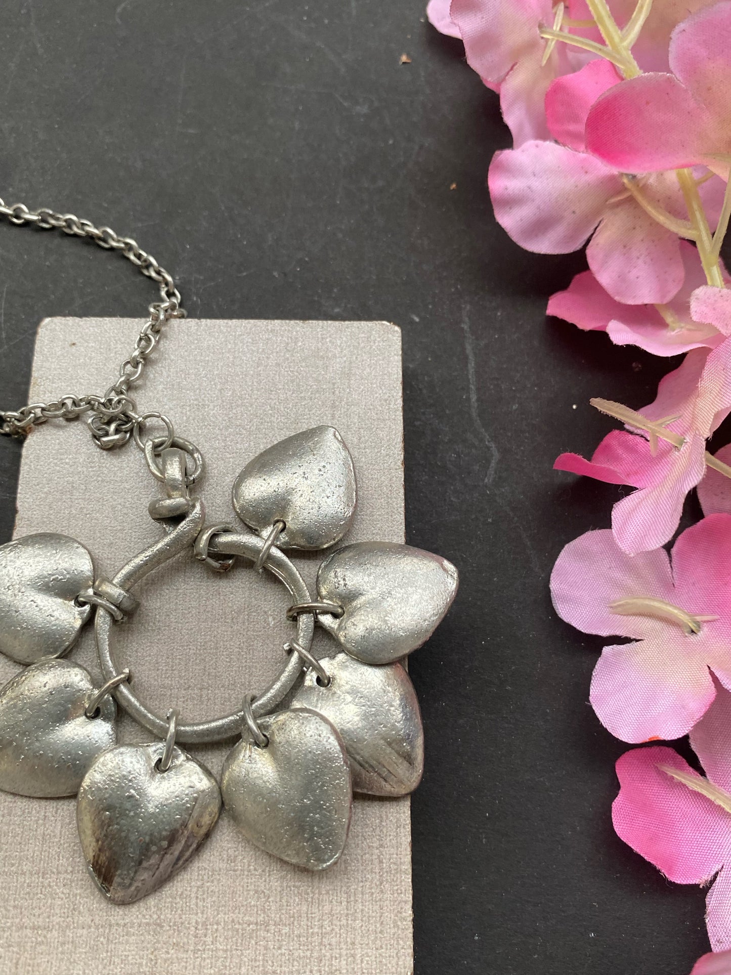 Silver Heart Charm Statement Necklace