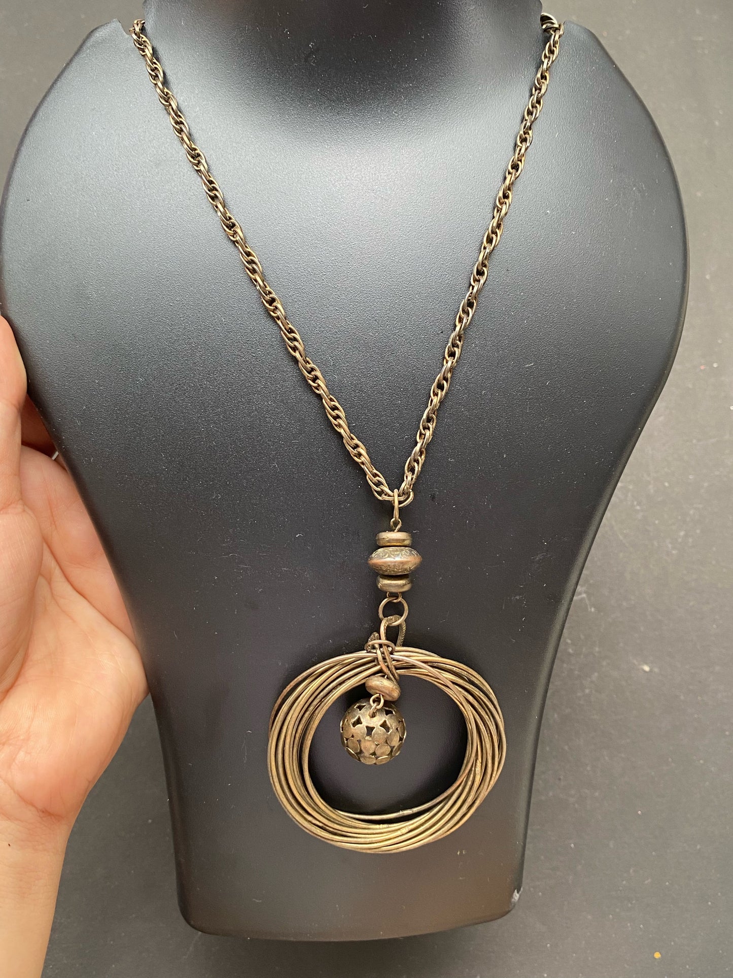 Antique Brass Layered Ring Pendant Necklace
