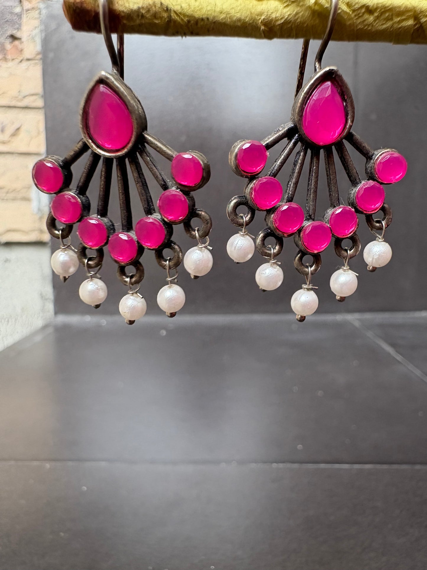 Antique Oxidised Pink Stone & Pearl Drop Earrings
