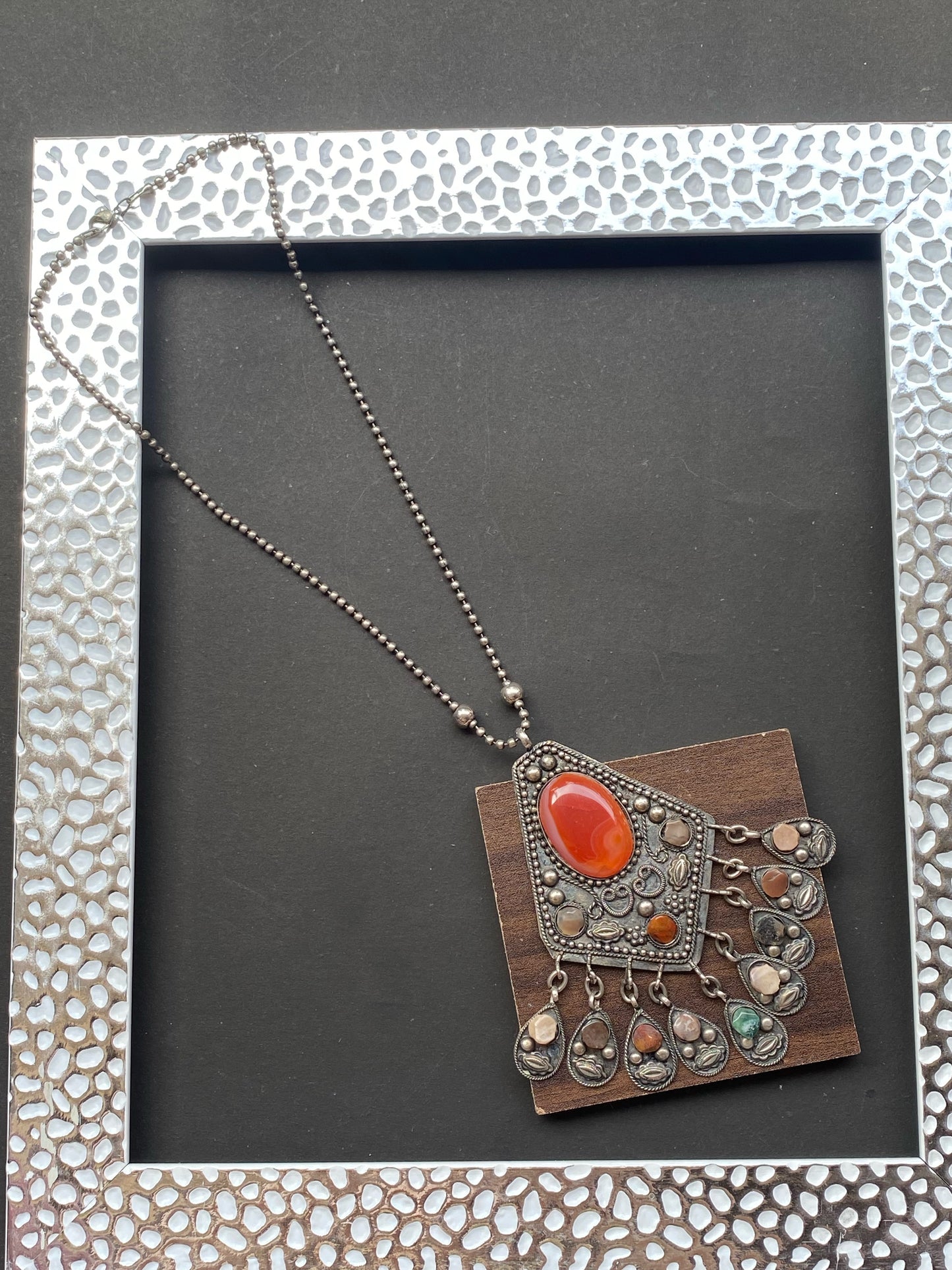Tribal Antique Silver Necklace with Carnelian Stone and Dangling Charms