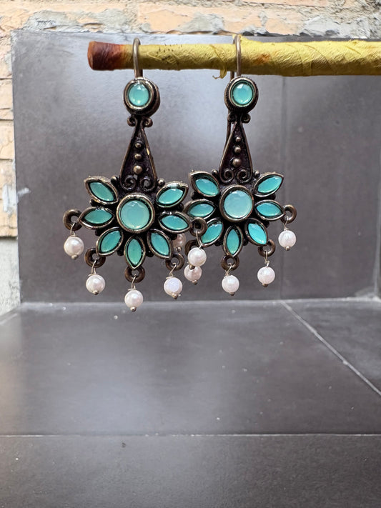 Antique Floral Drop Earrings with Mint Green Stones & Pearls
