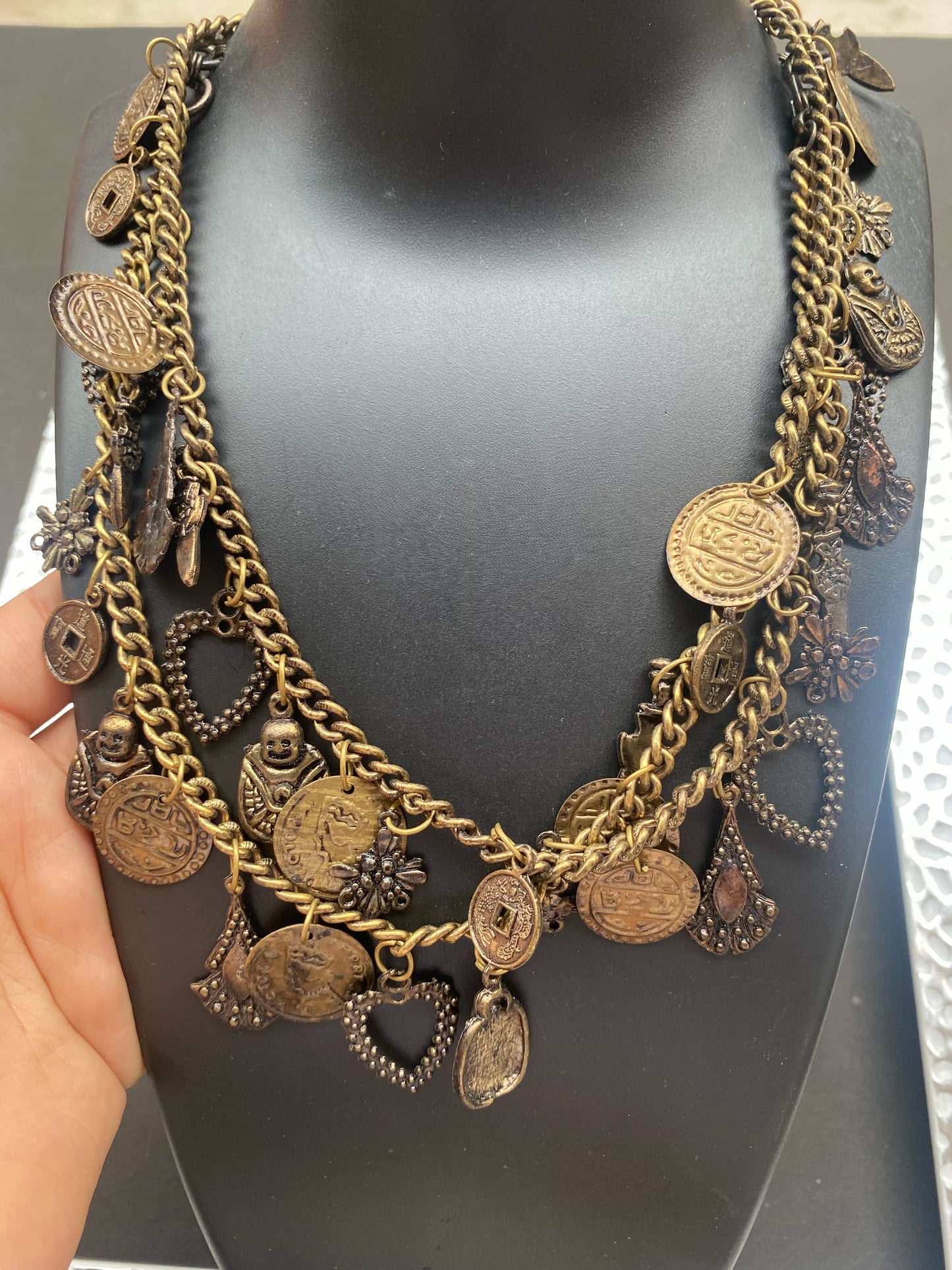 Antique Gold Multi-Layer Coin & Charm Statement Necklace