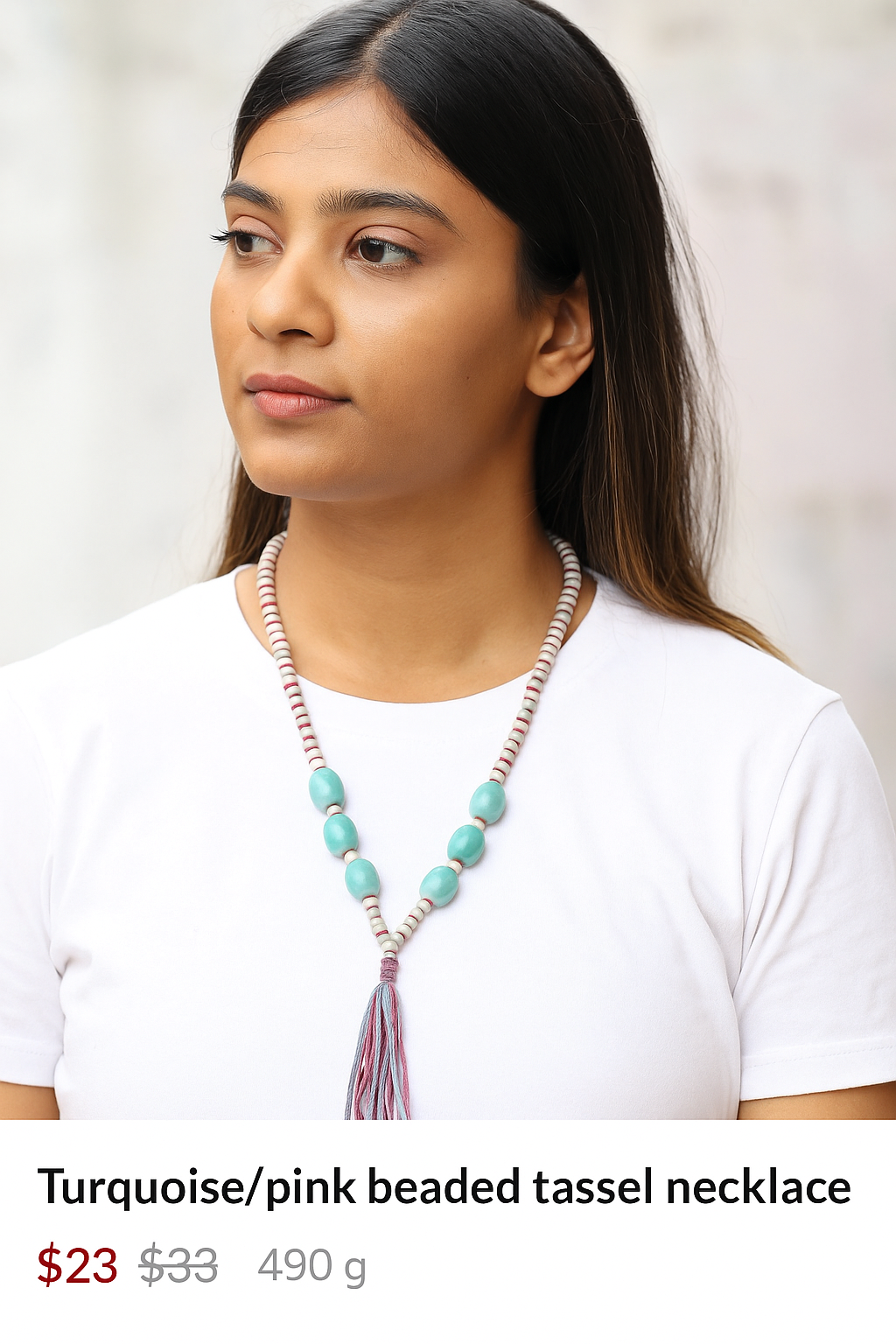 Turquoise & Pink Beaded Tassel Necklace