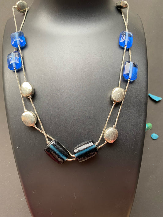 Blue & Silver Dual-Strand Statement Necklace