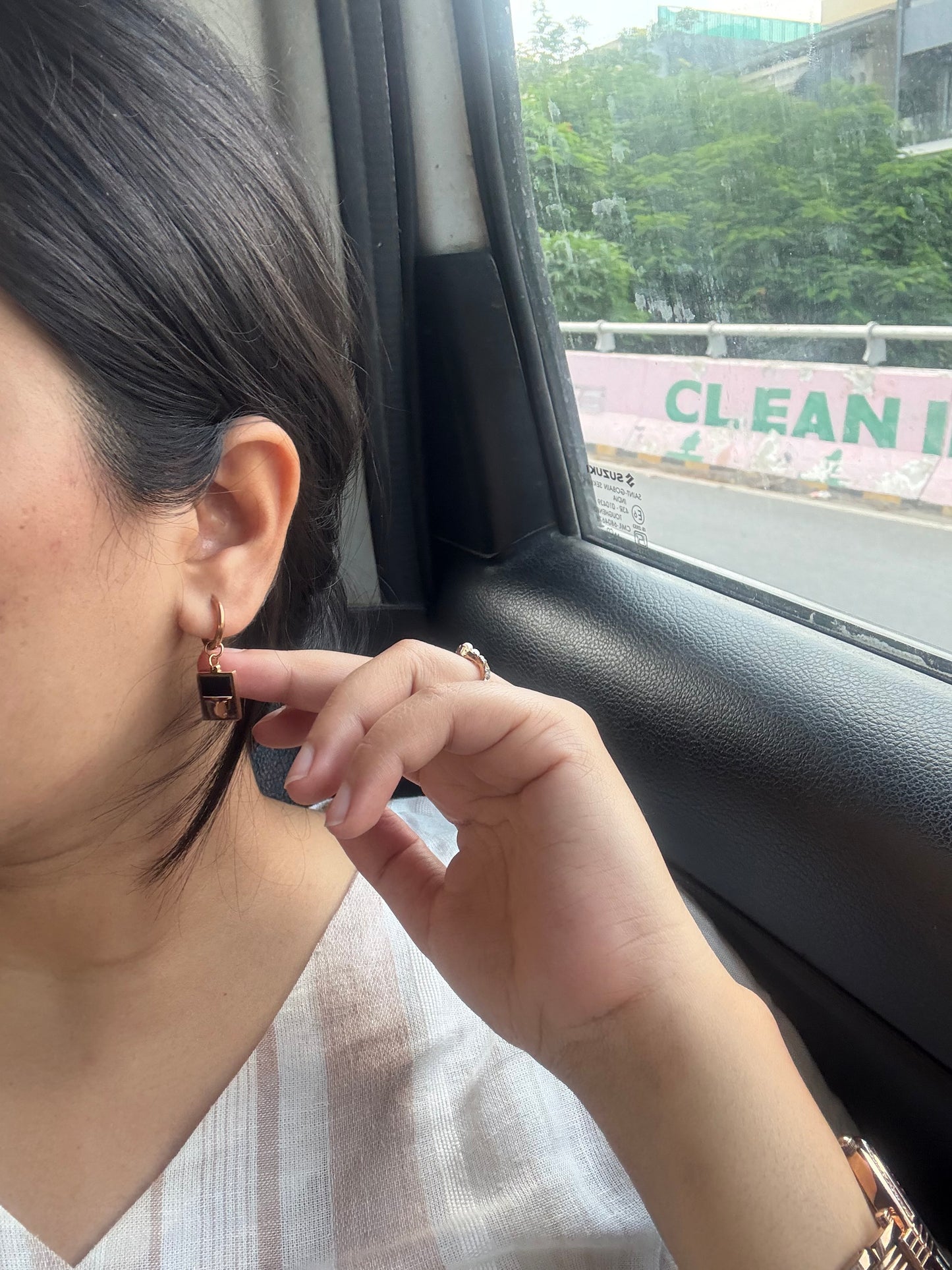 Gold-Plated Hoop Earrings with Black Enamel & Butterfly Charm
