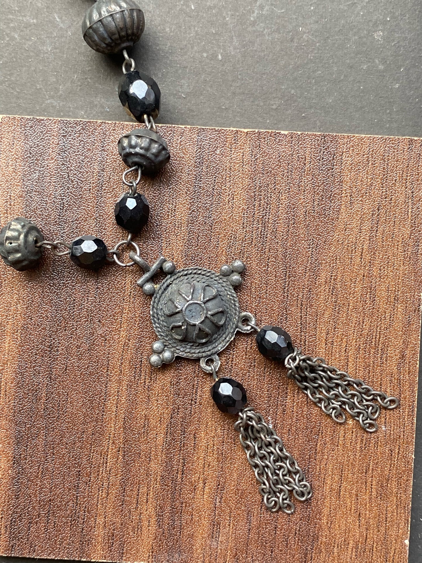 Black Bead & Oxidised Silver Pendant Necklace