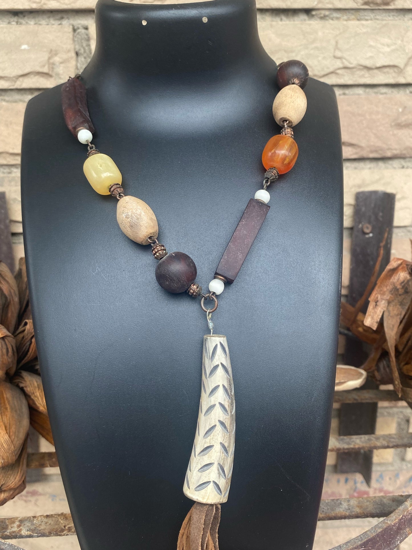 Rustic Bohemian Beaded Pendant Necklace