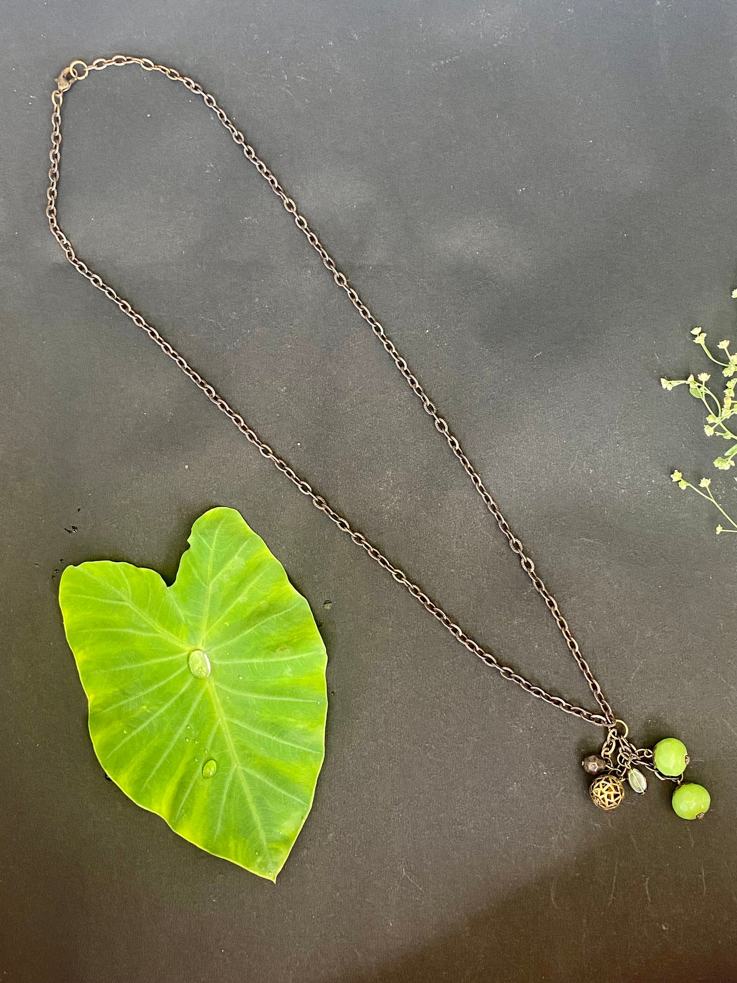 Antique Brass Chain Necklace with Green Bead Charms