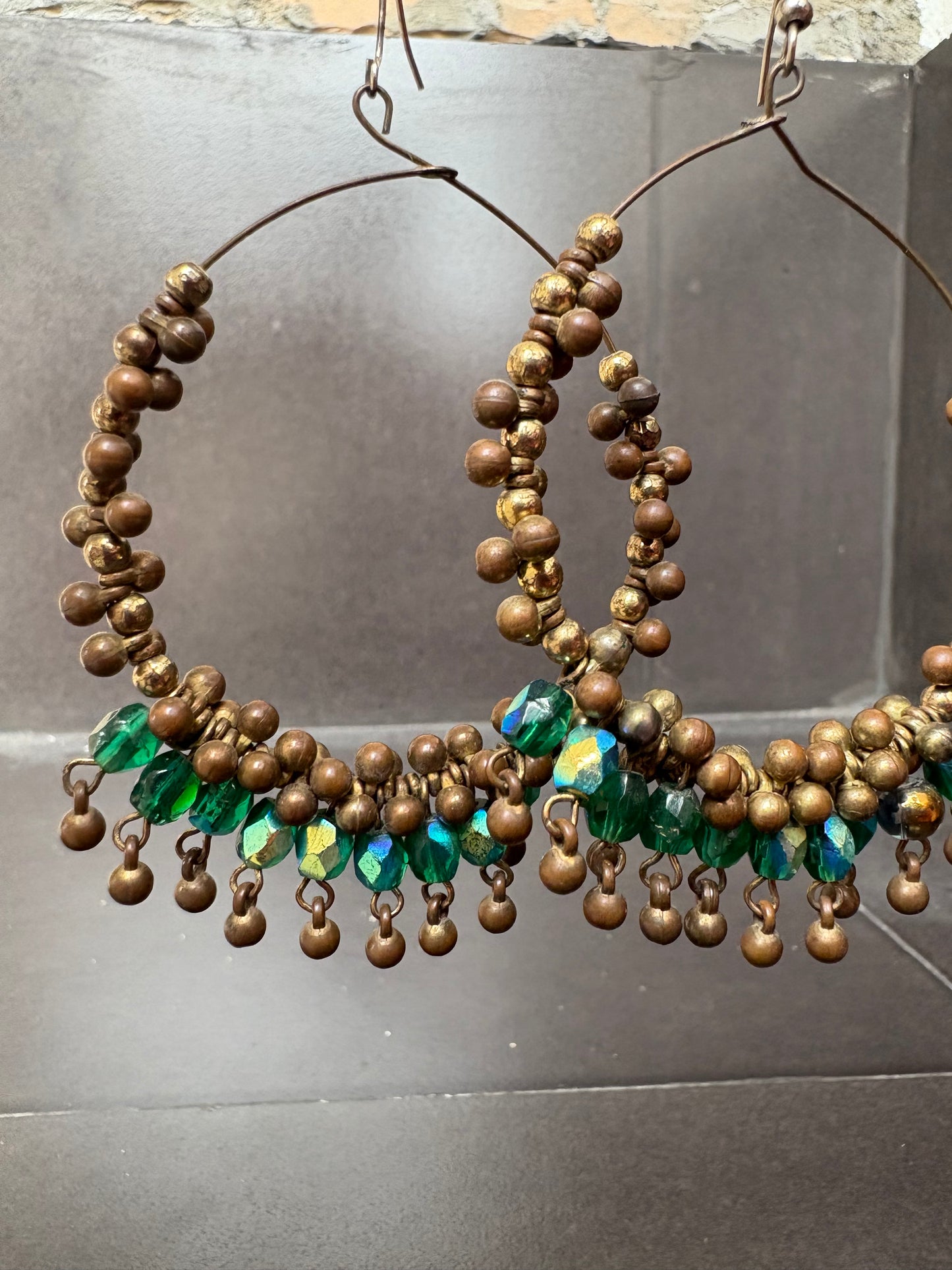 Bohemian Beaded Hoop Earrings – Antique Bronze & Emerald Green