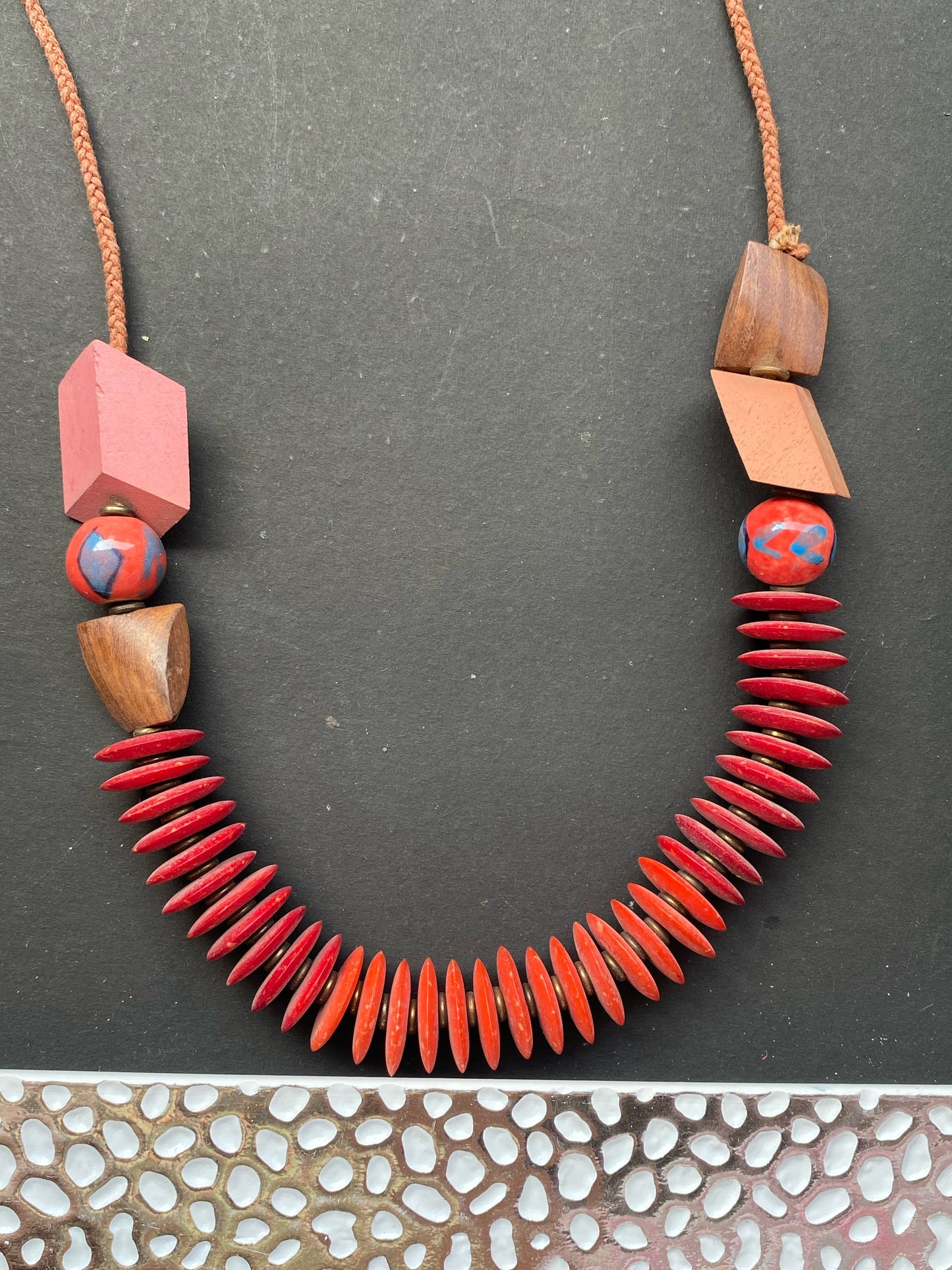 Bold Red & Natural Wood Beaded Statement Necklace
