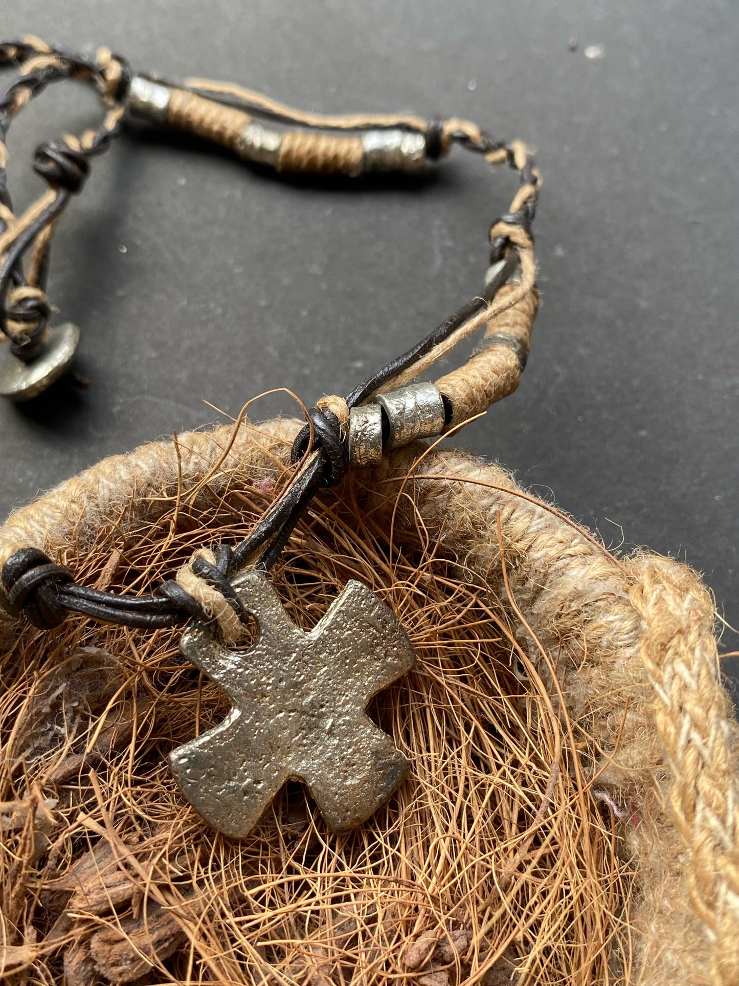 Rustic Tribal Cross Pendant Necklace – Handmade Leather & Metal Beads