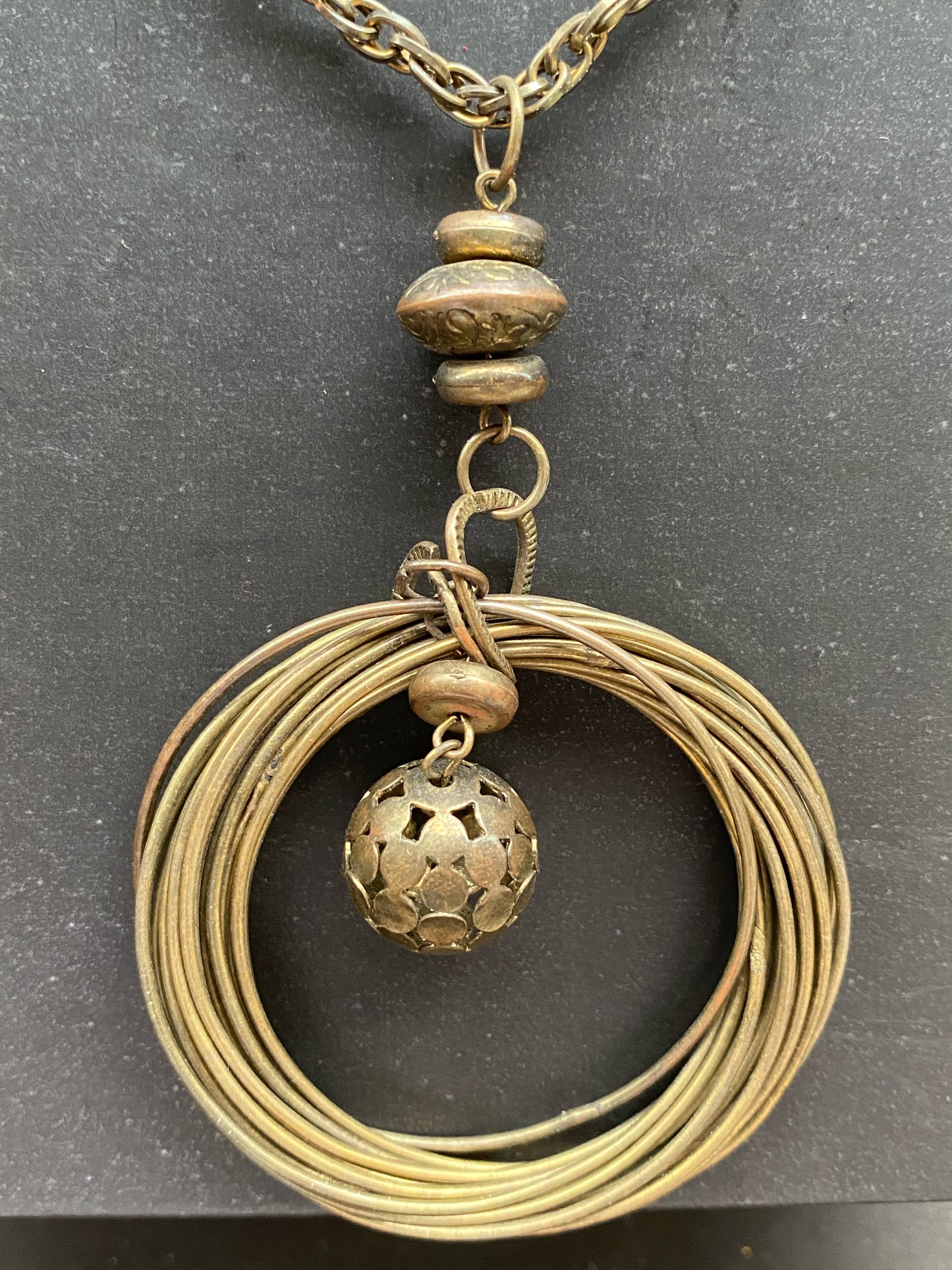 Antique Brass Layered Ring Pendant Necklace