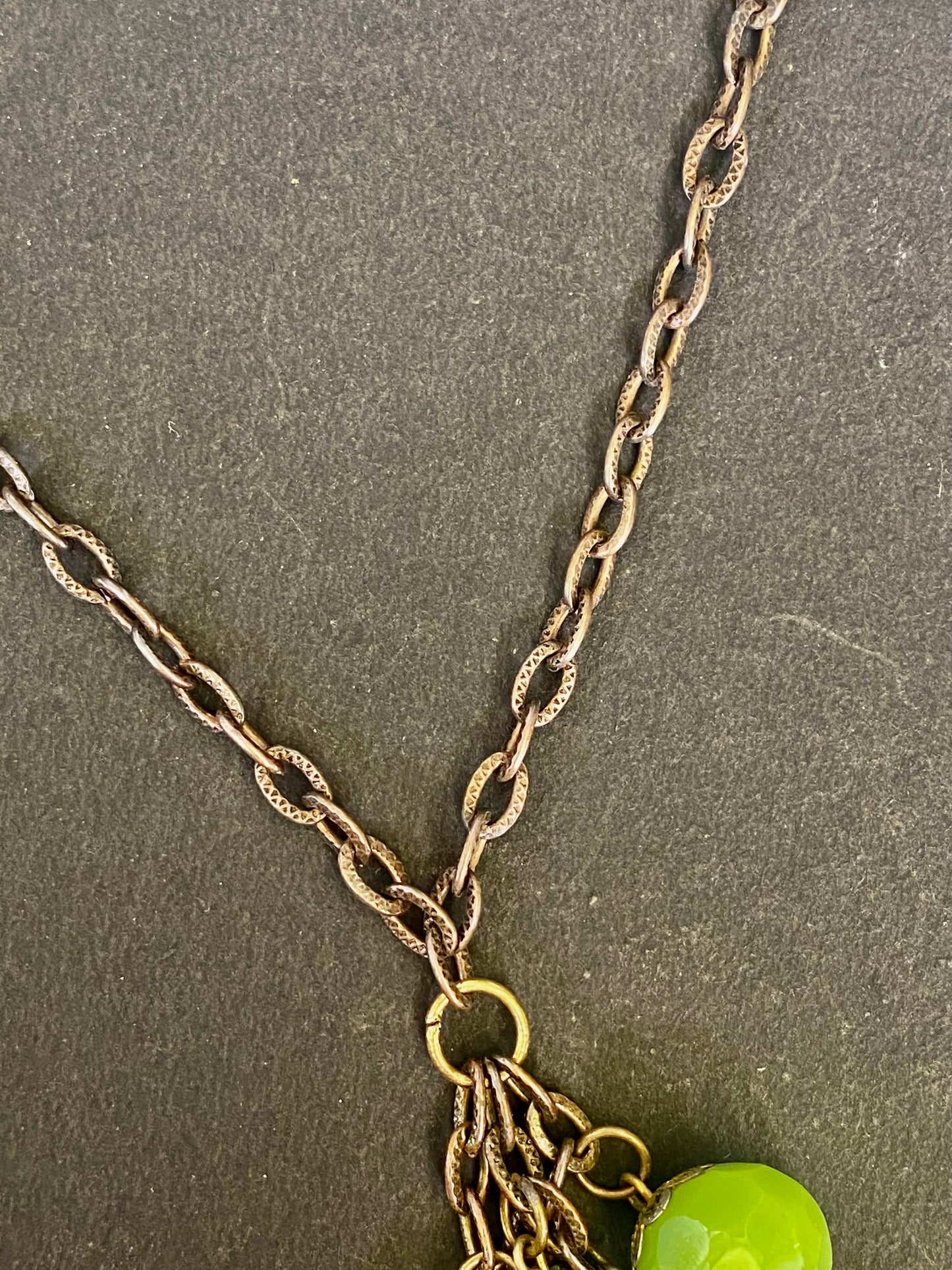 Antique Brass Chain Necklace with Green Bead Charms