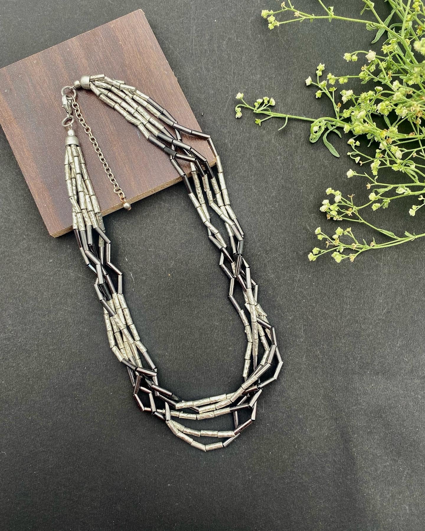 Noir GeoLayer Beaded Collar Necklace
