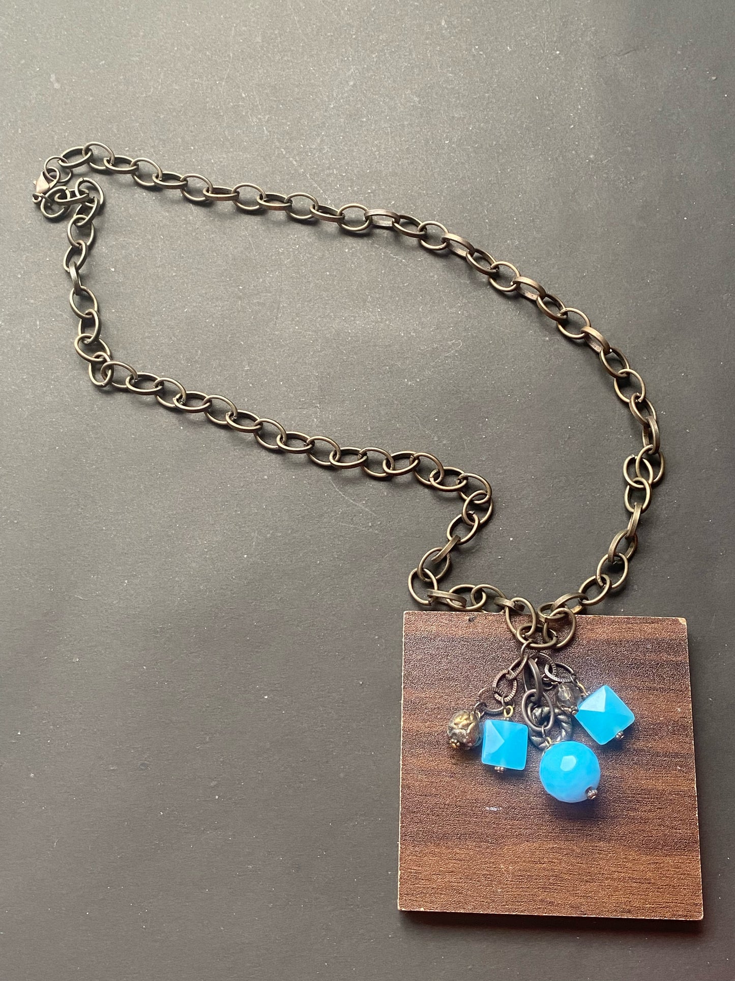 Rustic Pendant Necklace with Blue Bead Charms