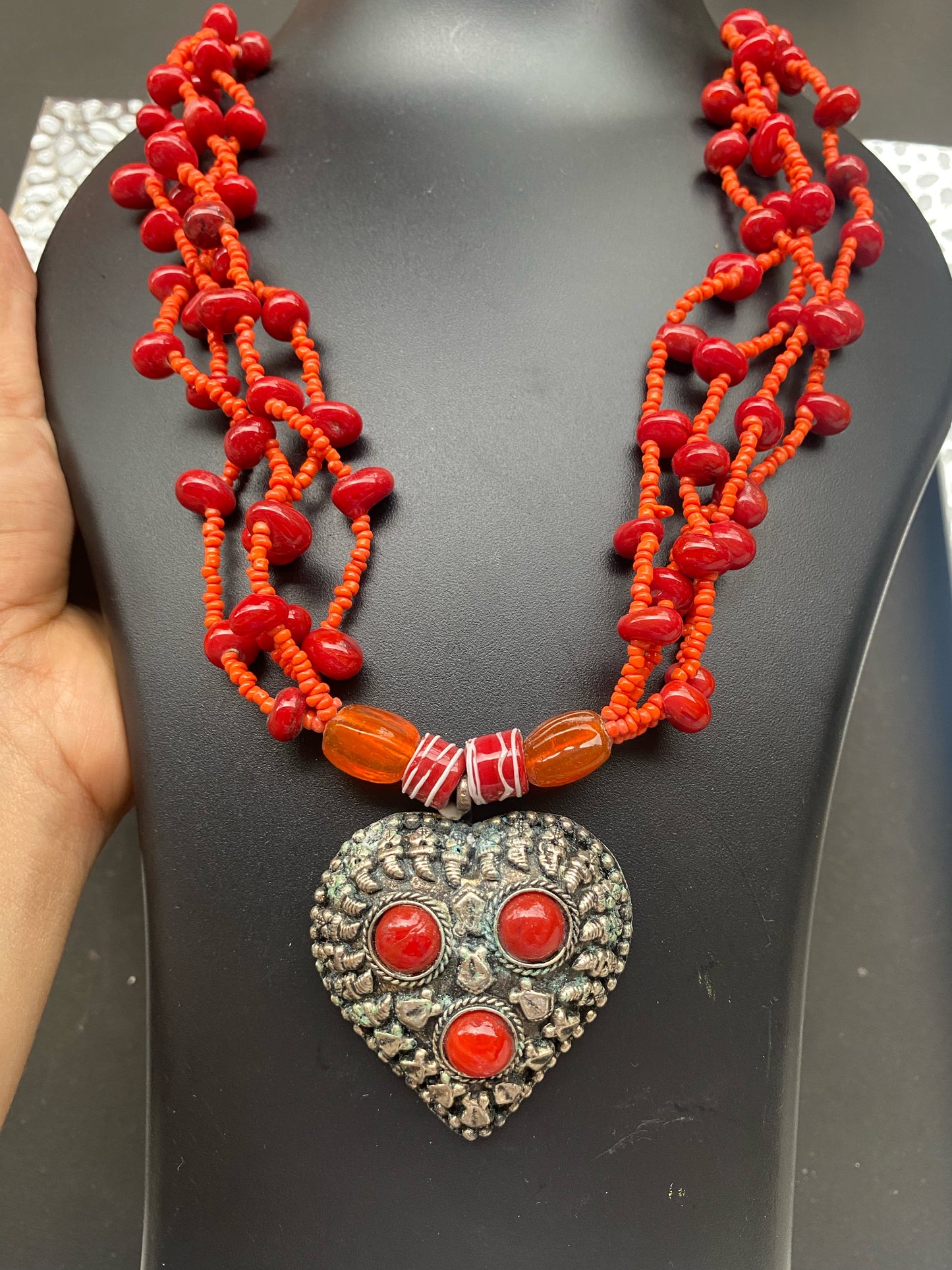Handcrafted Tribal Heart Pendant Necklace – Red & Silver