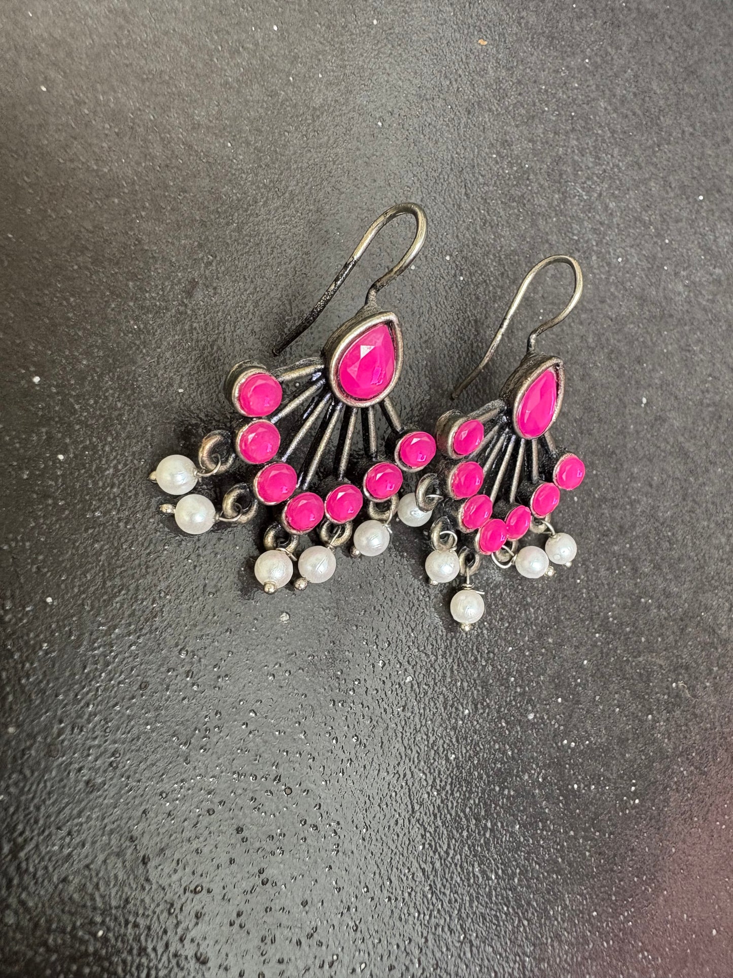 Antique Oxidised Pink Stone & Pearl Drop Earrings