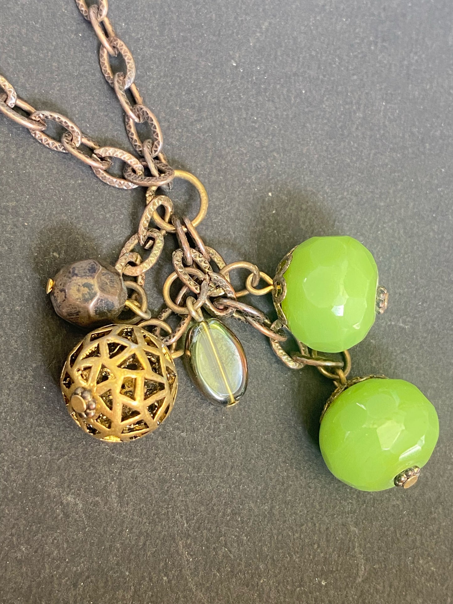 Antique Brass Chain Necklace with Green Bead Charms