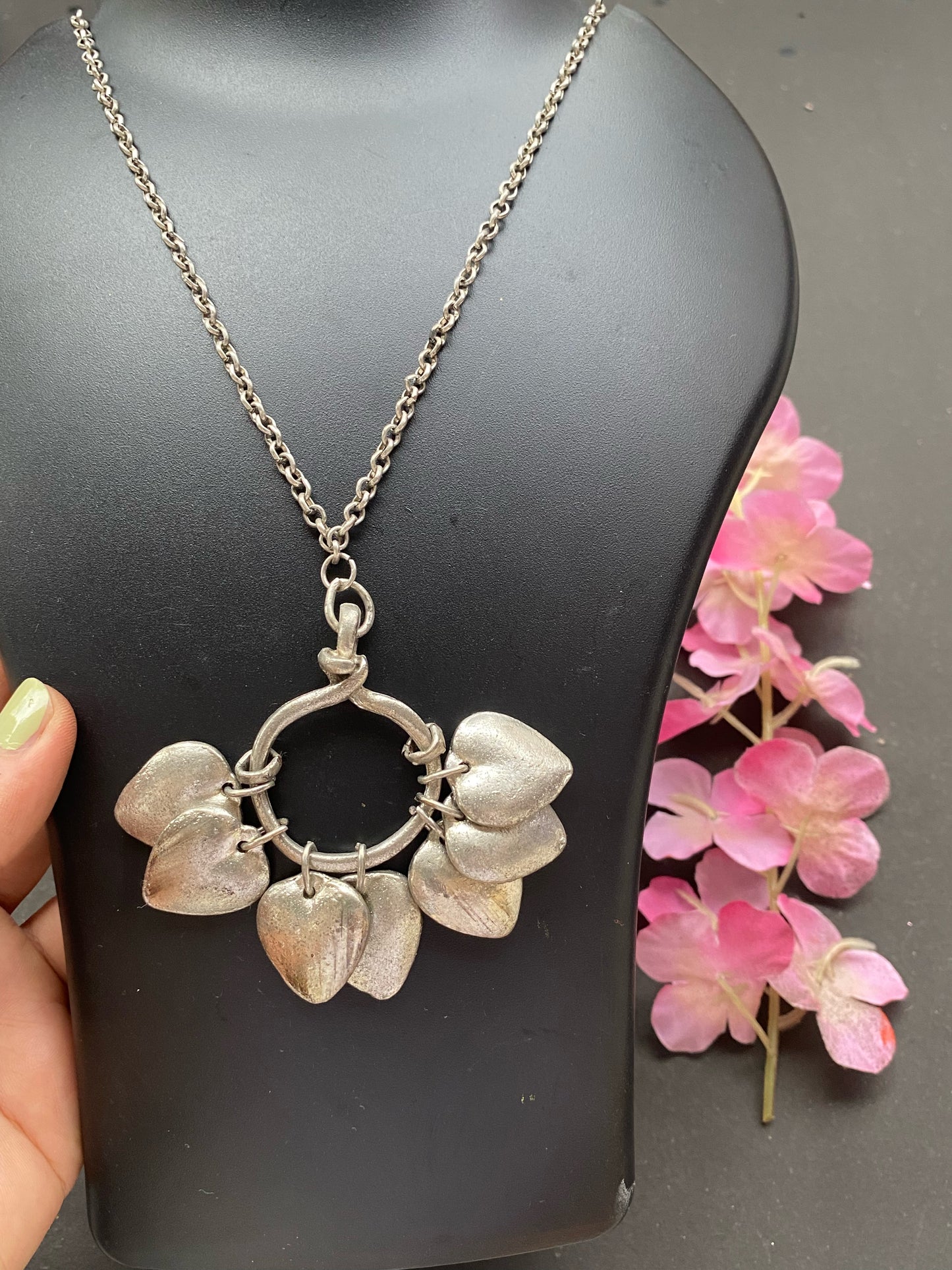 Silver Heart Charm Statement Necklace