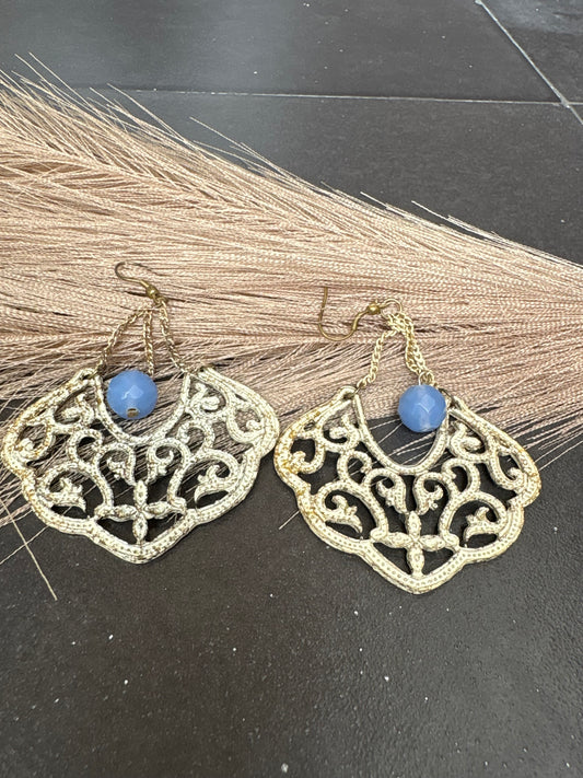 Vintage Filigree Drop Earrings with Blue Bead Accent
