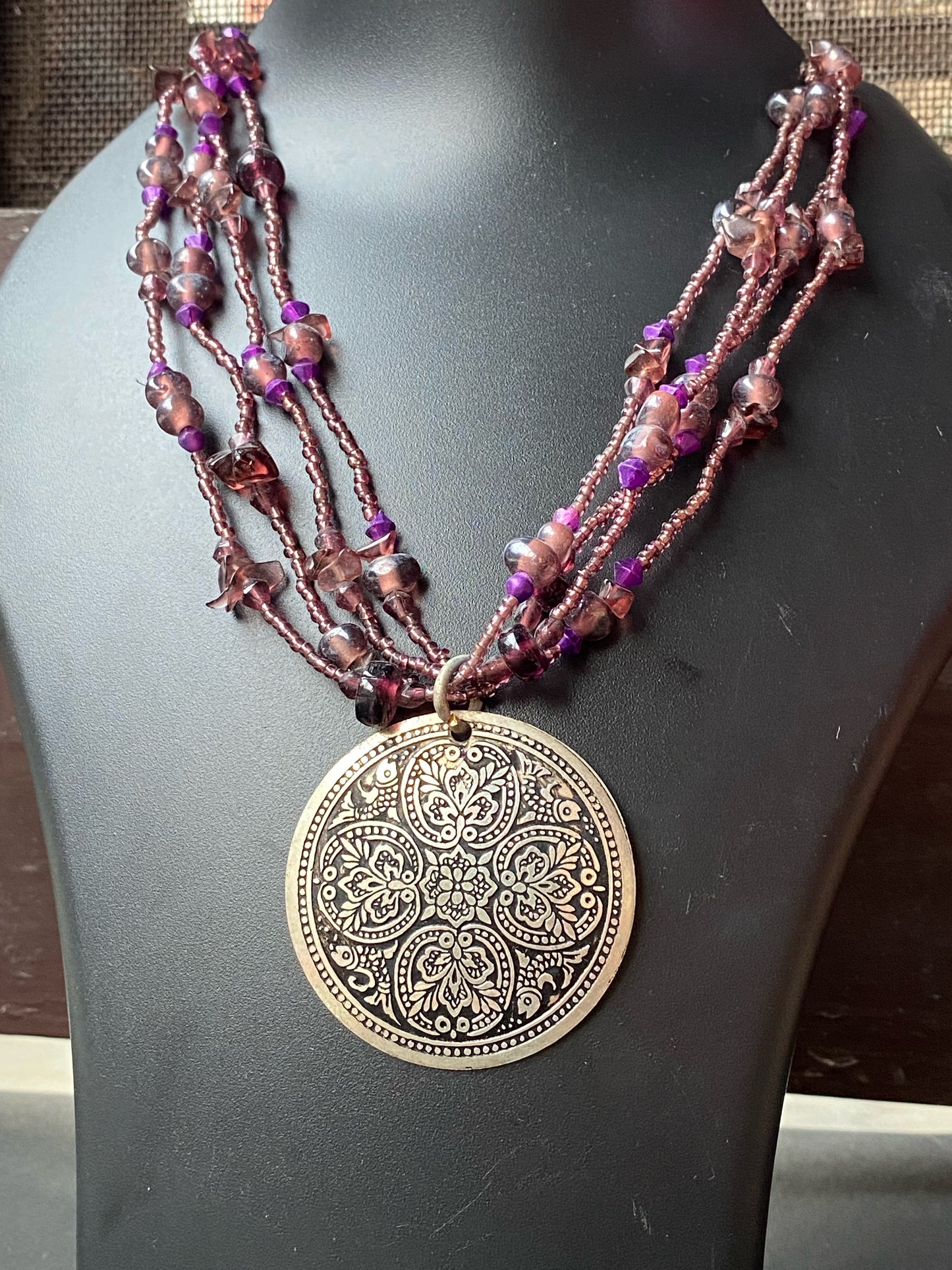 Bohemian Multi-Strand Beaded Necklace with Statement Pendant