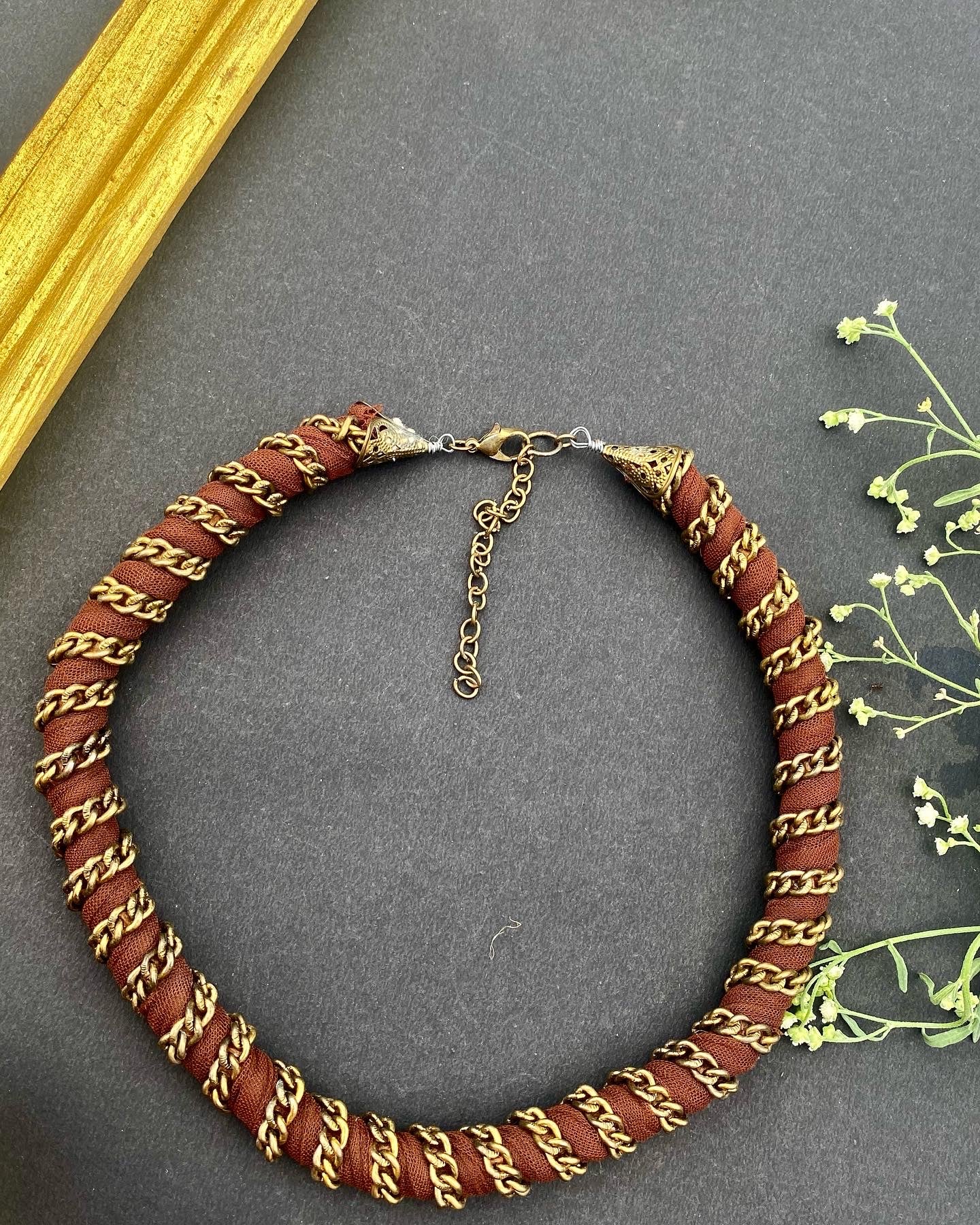 Antique Bronze Chain-Wrapped Fabric Necklace