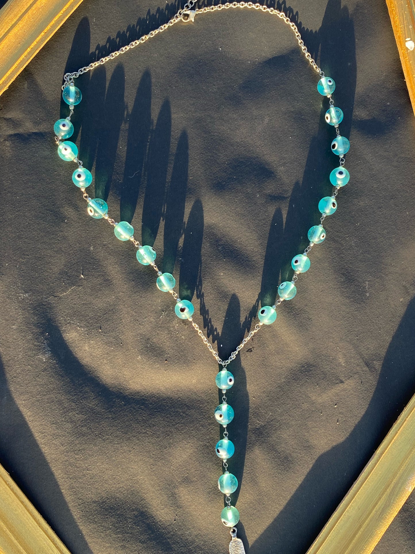 Blue Evil Eye Bead Y-Necklace with Hamsa Pendant