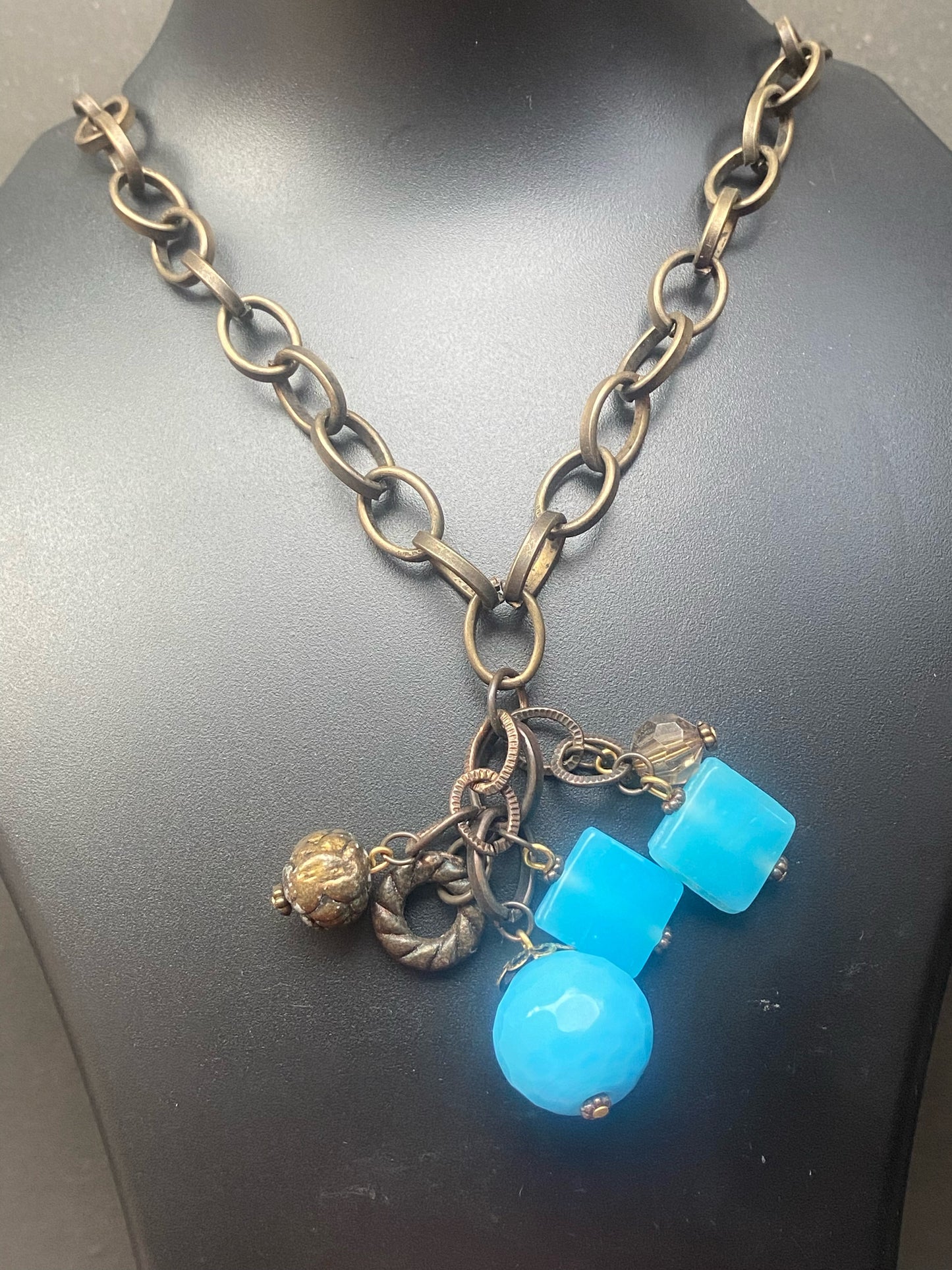 Rustic Pendant Necklace with Blue Bead Charms