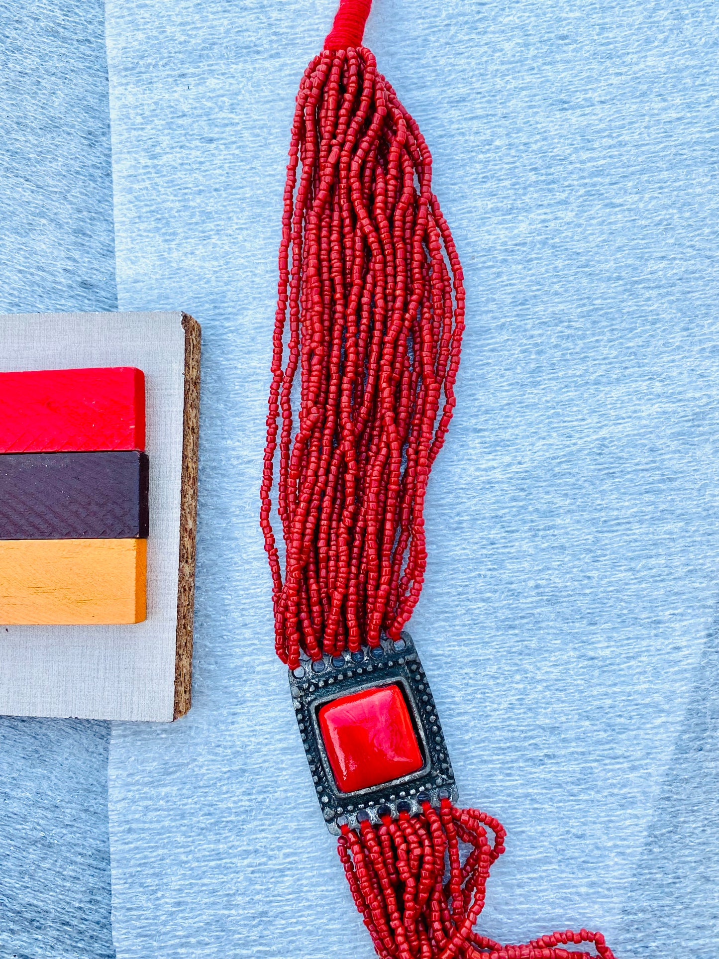 Red Beaded Statement Necklace with Square Accents