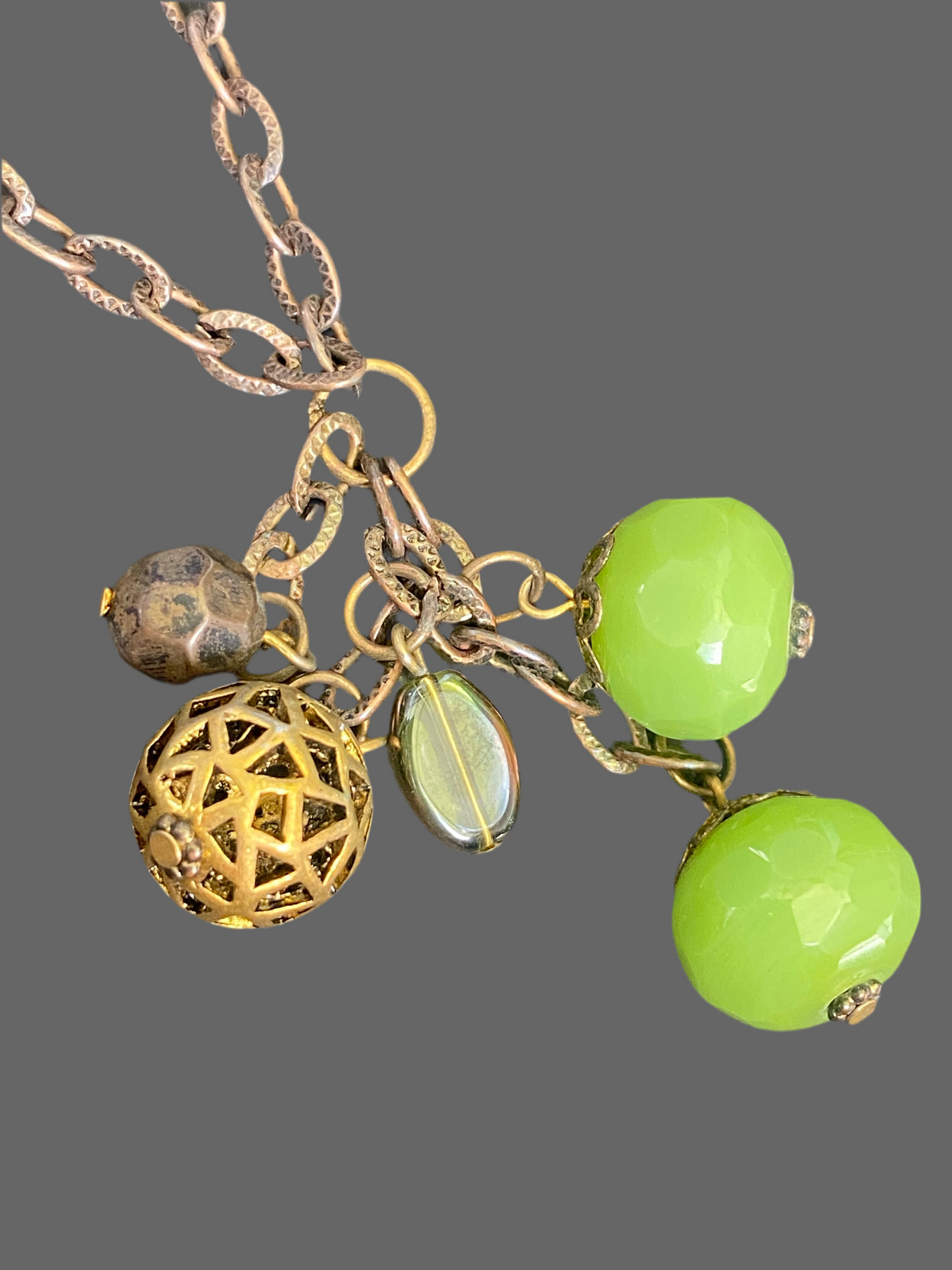 Antique Brass Chain Necklace with Green Bead Charms