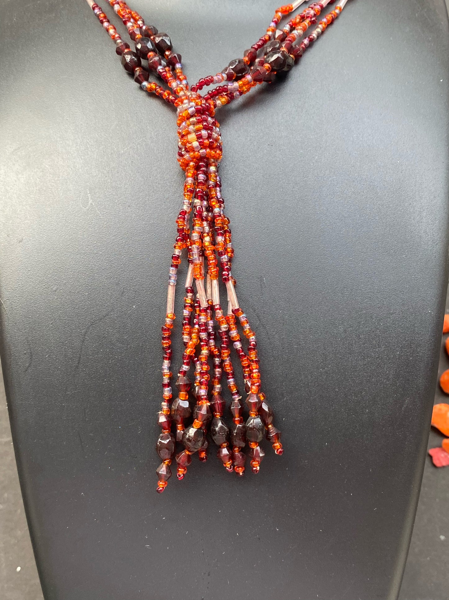 Multi-Strand Red Beaded Tassel Necklace – Festive Statement Piece