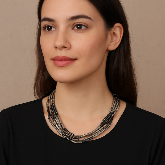 Noir GeoLayer Beaded Collar Necklace