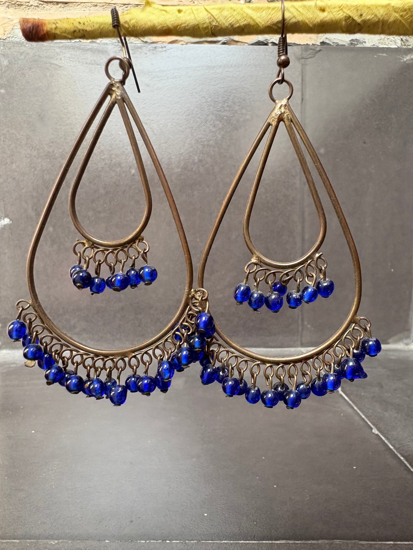Antique Brass Teardrop Earrings with Blue Beads