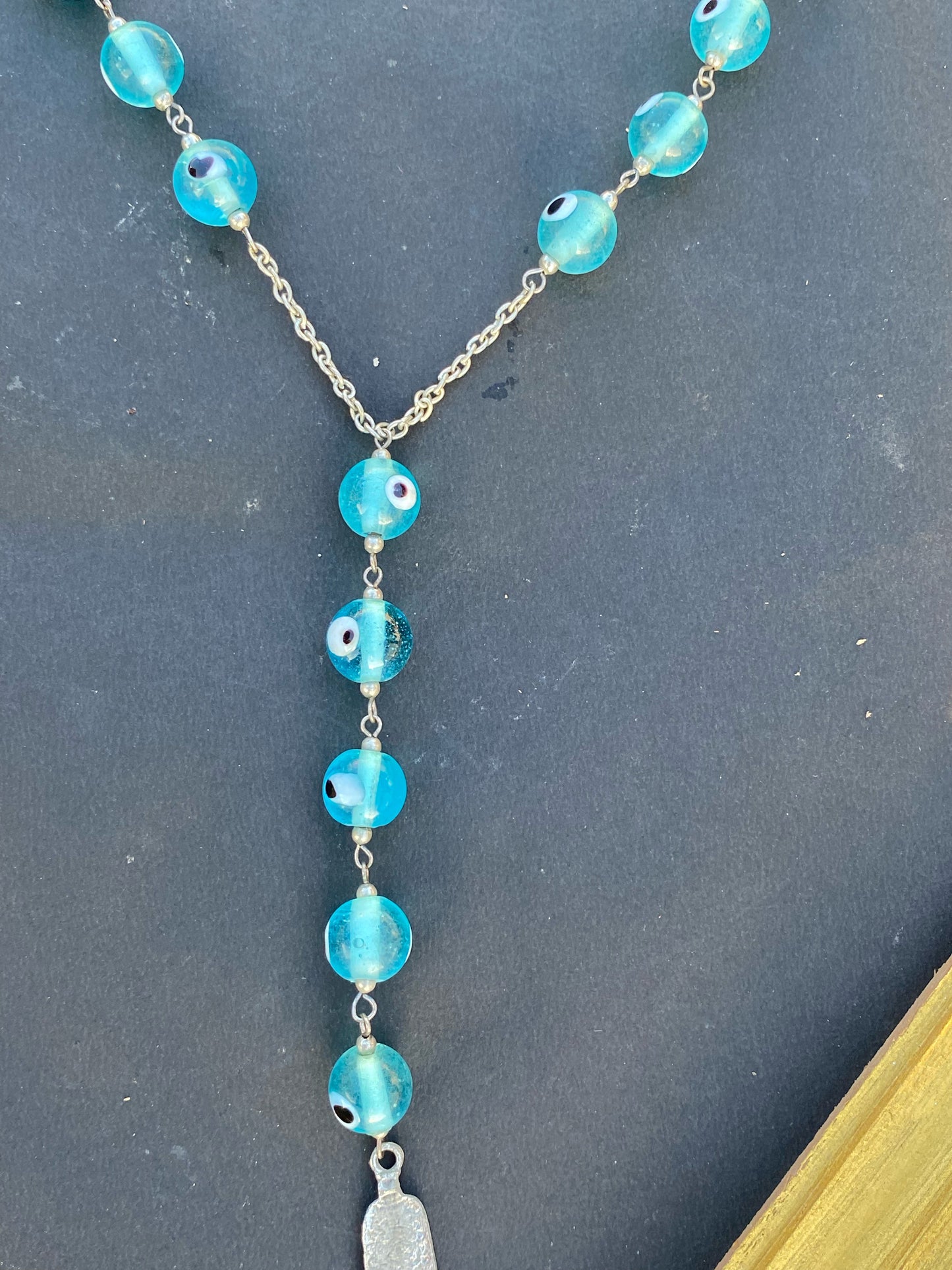 Blue Evil Eye Bead Y-Necklace with Hamsa Pendant