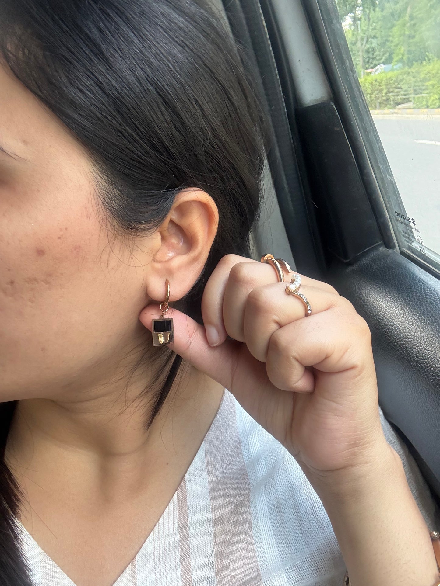 Gold-Plated Hoop Earrings with Black Enamel & Butterfly Charm