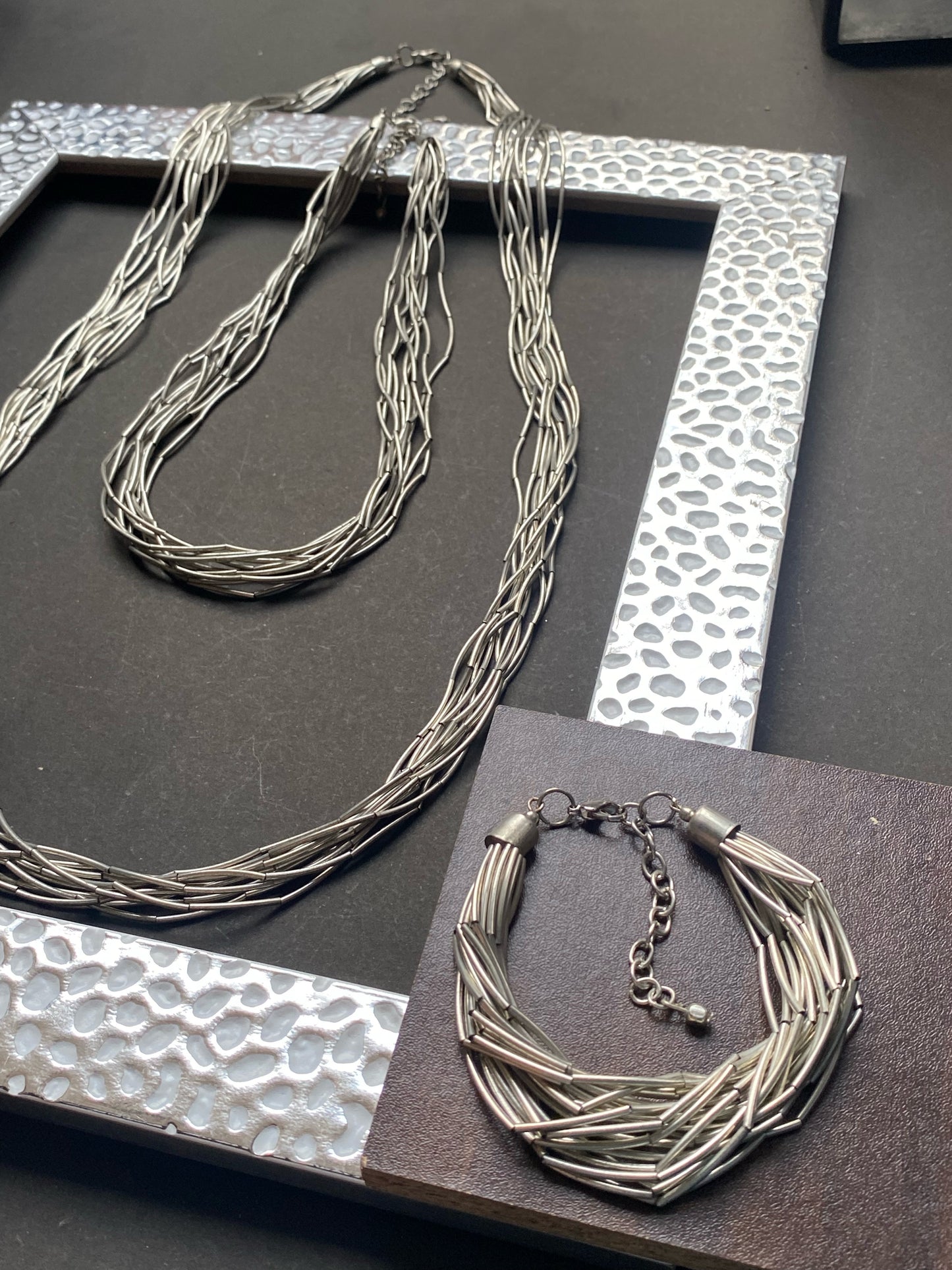 Silver Multi-Strand Necklace & Bracelet Set,set of Three