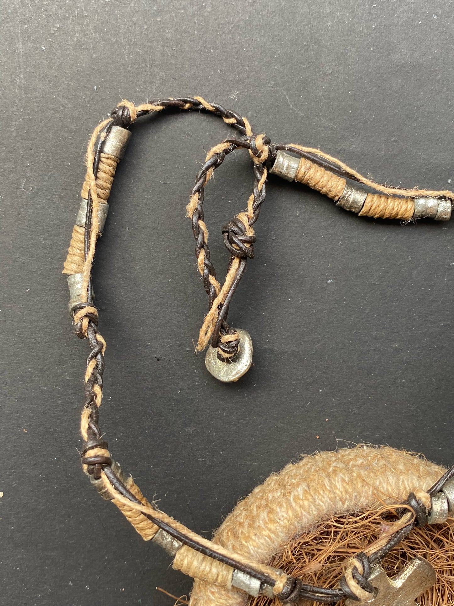 Rustic Tribal Cross Pendant Necklace – Handmade Leather & Metal Beads