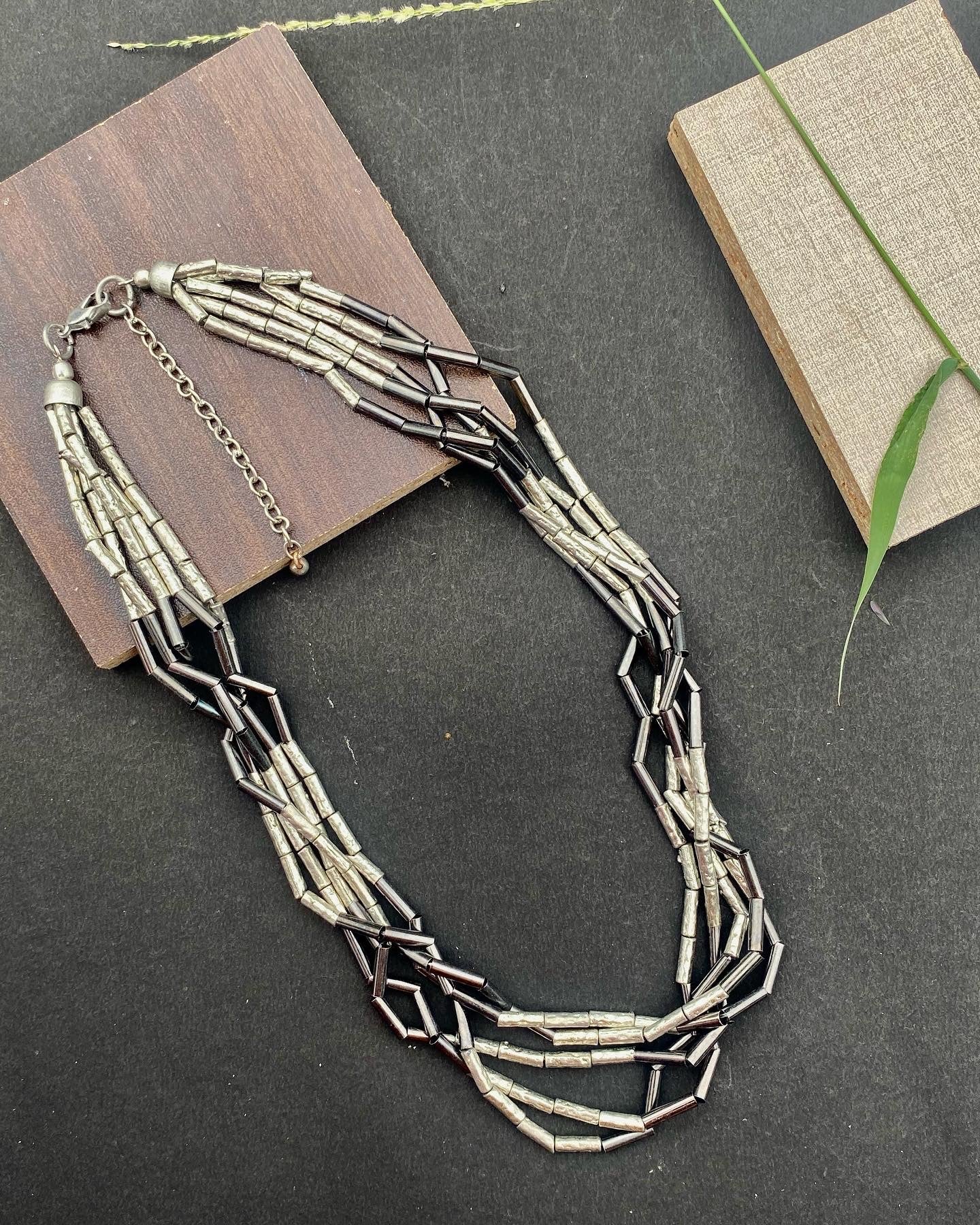 Noir GeoLayer Beaded Collar Necklace