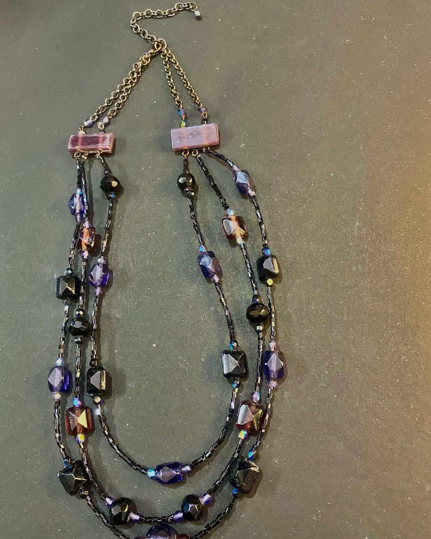 Triple-Strand Beaded Statement Necklace – Midnight Hues