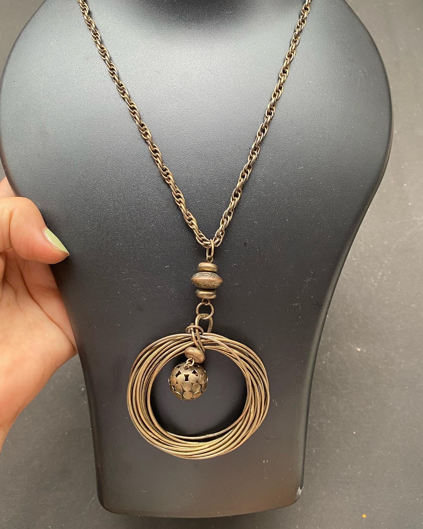 Antique Brass Layered Ring Pendant Necklace