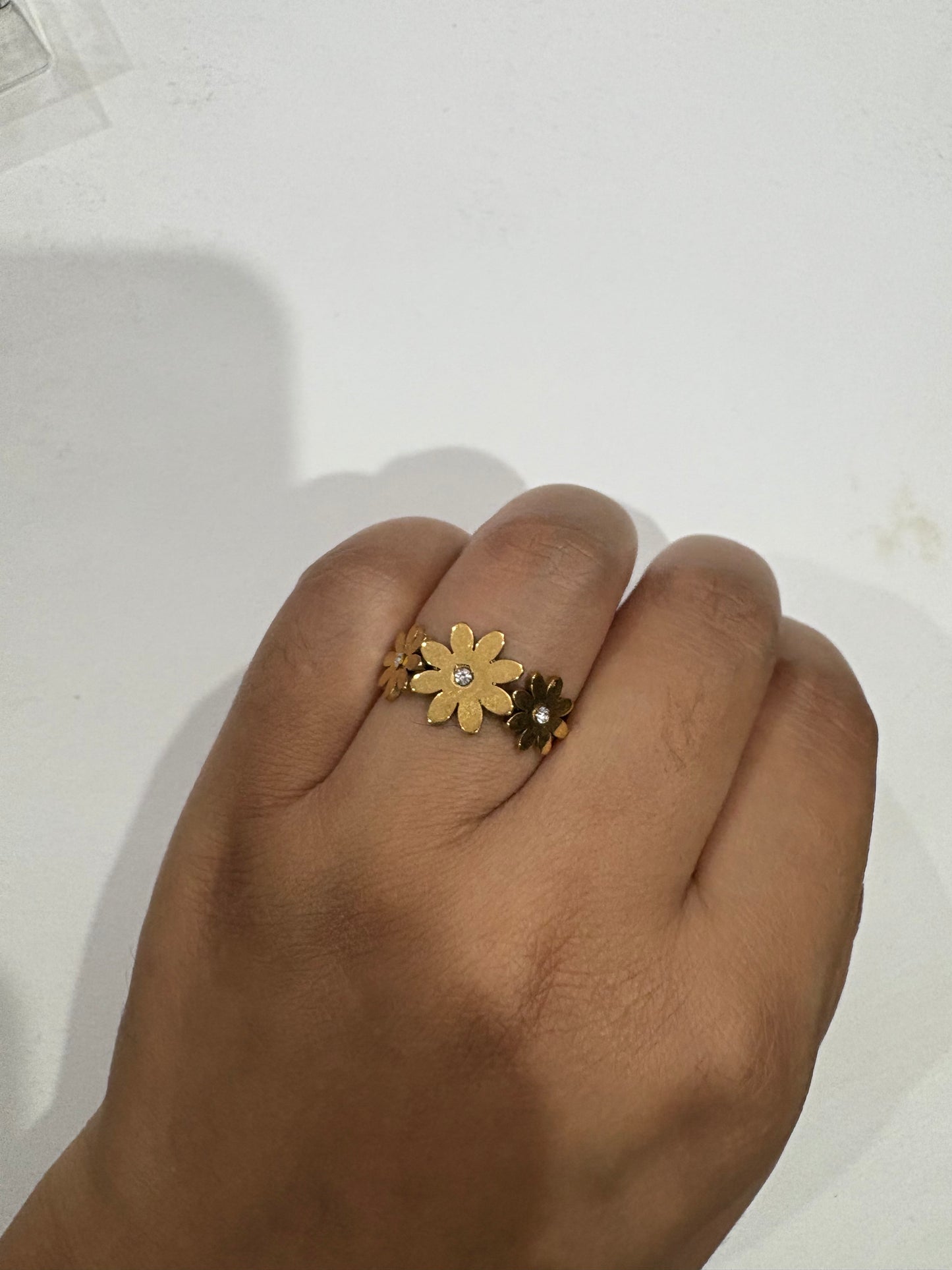 Golden Daisy Flower Ring with Crystal Accents