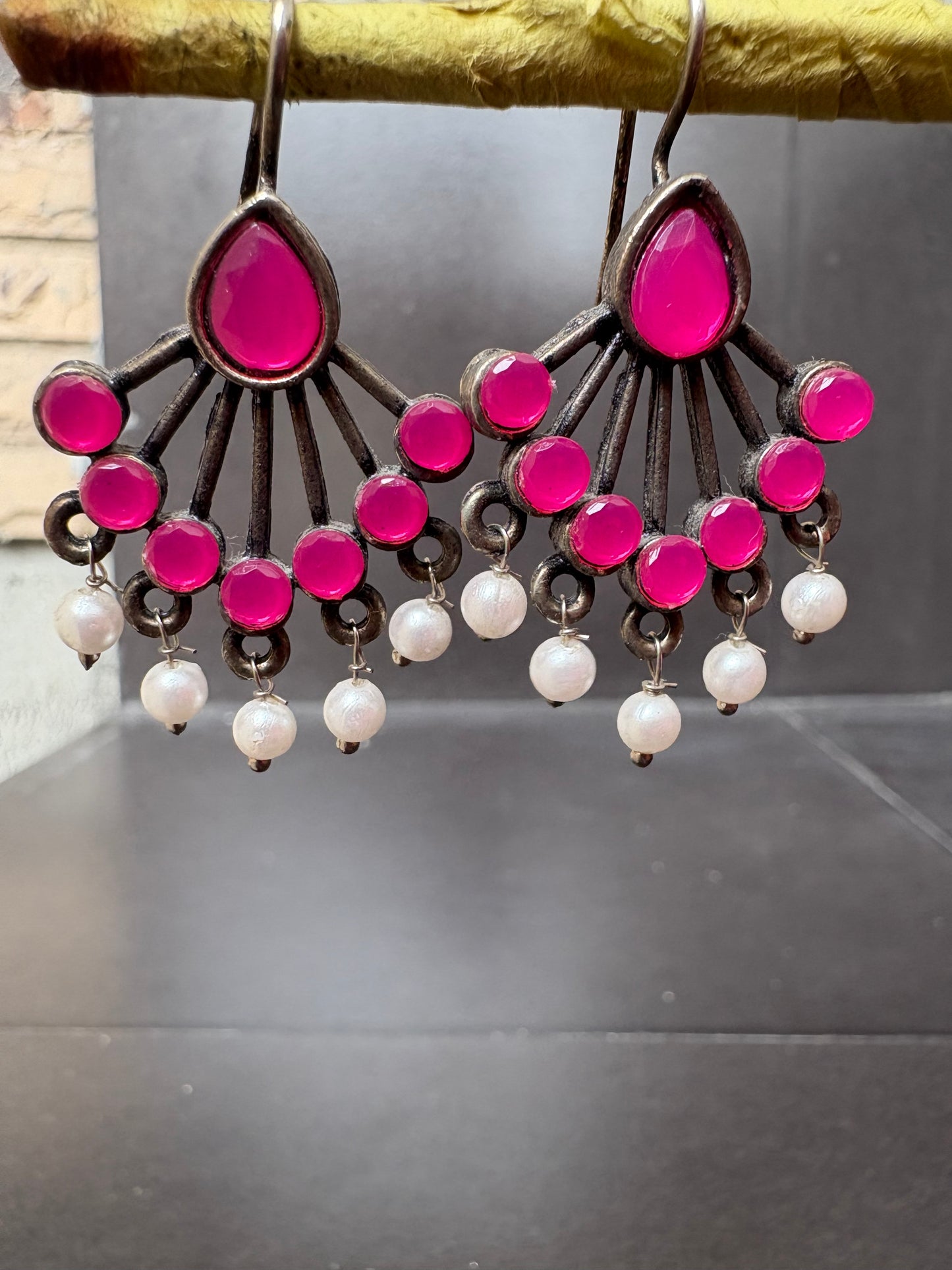 Antique Oxidised Pink Stone & Pearl Drop Earrings