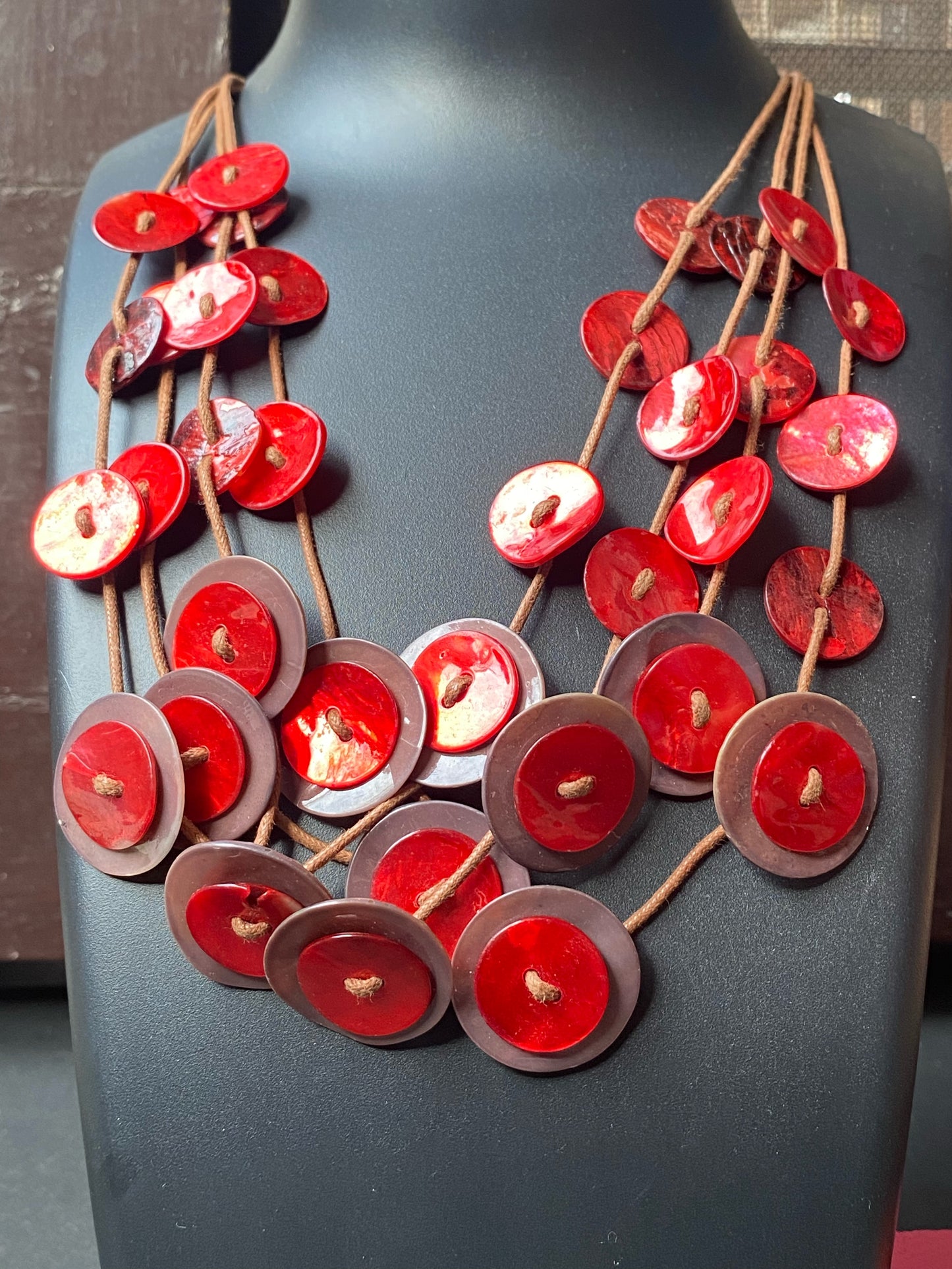 Red Shell Disc Multi-Strand Statement Necklace